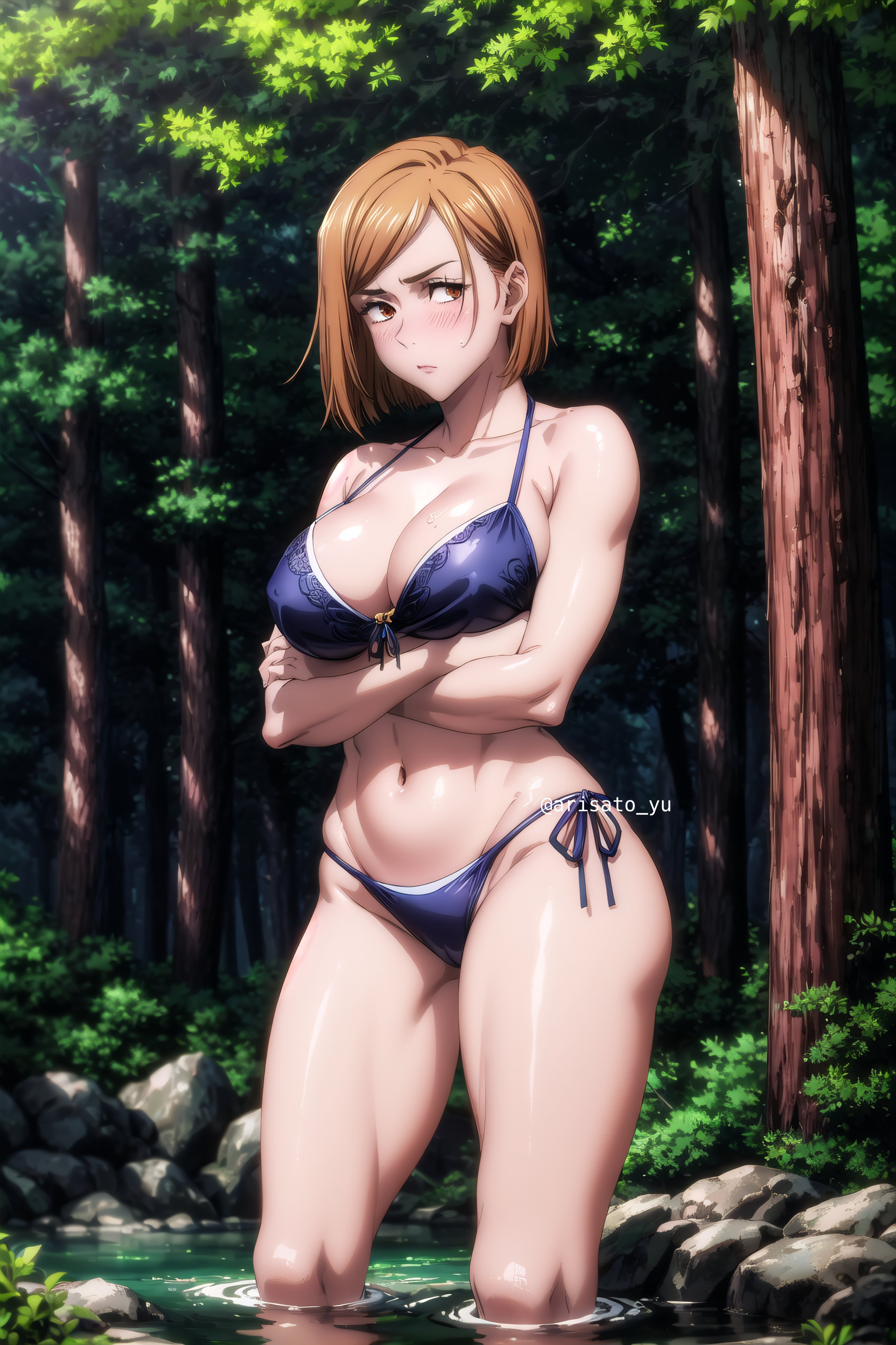 1girls, ai generated, arisato yu, bikini, blush, bra, breast hold, breasts, brown eyes, crossed arms, female, jujutsu kaisen, kugisaki nobara, large breasts, panties, short hair, solo, thick thighs, underwear