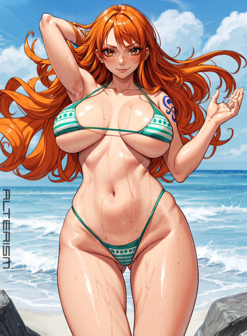 ai_generated alterism big_breasts bikini bikini_bottom bikini_top breasts brown_eyes female female_focus female_only green_bikini highleg hourglass_figure large_breasts light-skinned_female light_skin midriff nami navel one_piece orange_hair post-timeskip solo stable_diffusion tattoo thick_thighs thong wet