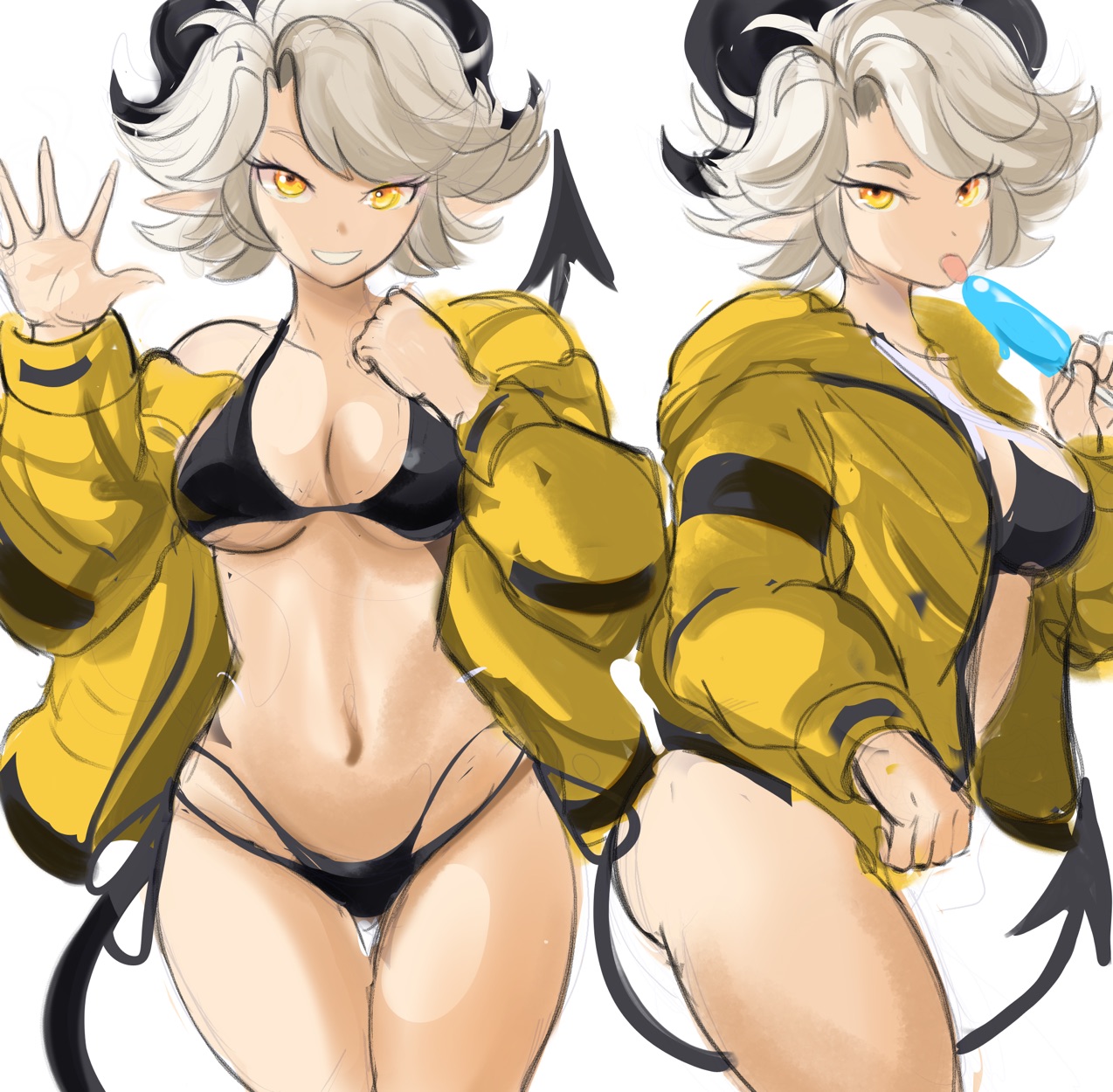 1girls, big breasts, bikini, breasts, female, golden eyes, horns, original, popsicle, rakeemspoon, smile, susan (rakeemspoon), tail, thick thighs, white hair