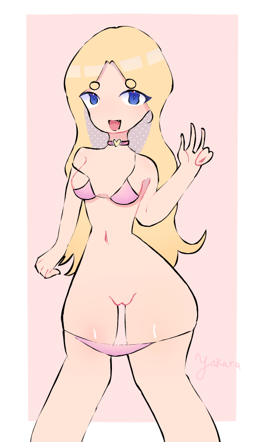 blonde_hair blue_eyes character_request happy happy_female nude nude_female oc original panties peace_sign pussy pussy_out request requested solo uncensored underwear vagina yakara