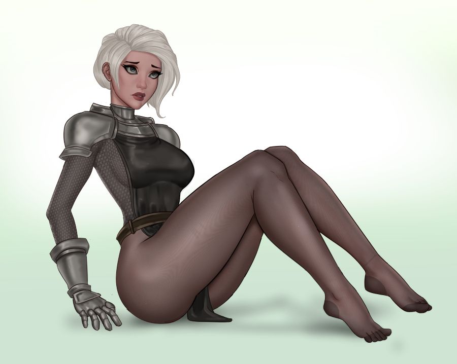 1girls armor blizzard_entertainment elsie_westenra feet female female_only freli gauntlets human knight pantyhose short_hair sitting solo warcraft white_hair world_of_warcraft