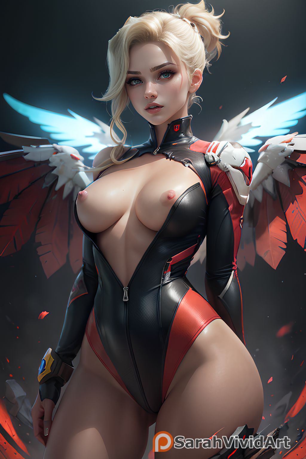 1girls, 2:3, ai generated, ai hands, alternate costume, black wings, blonde, blonde hair, breasts, clothed, cowboy shot, detailed, exposed breasts, female, high quality, long hair, looking at viewer, mercy, open shirt, overwatch, overwatch 2, patreon, patreon username, ponytail, pose, red wings, sarahvividart, seductive, self upload, solo, standing, wings