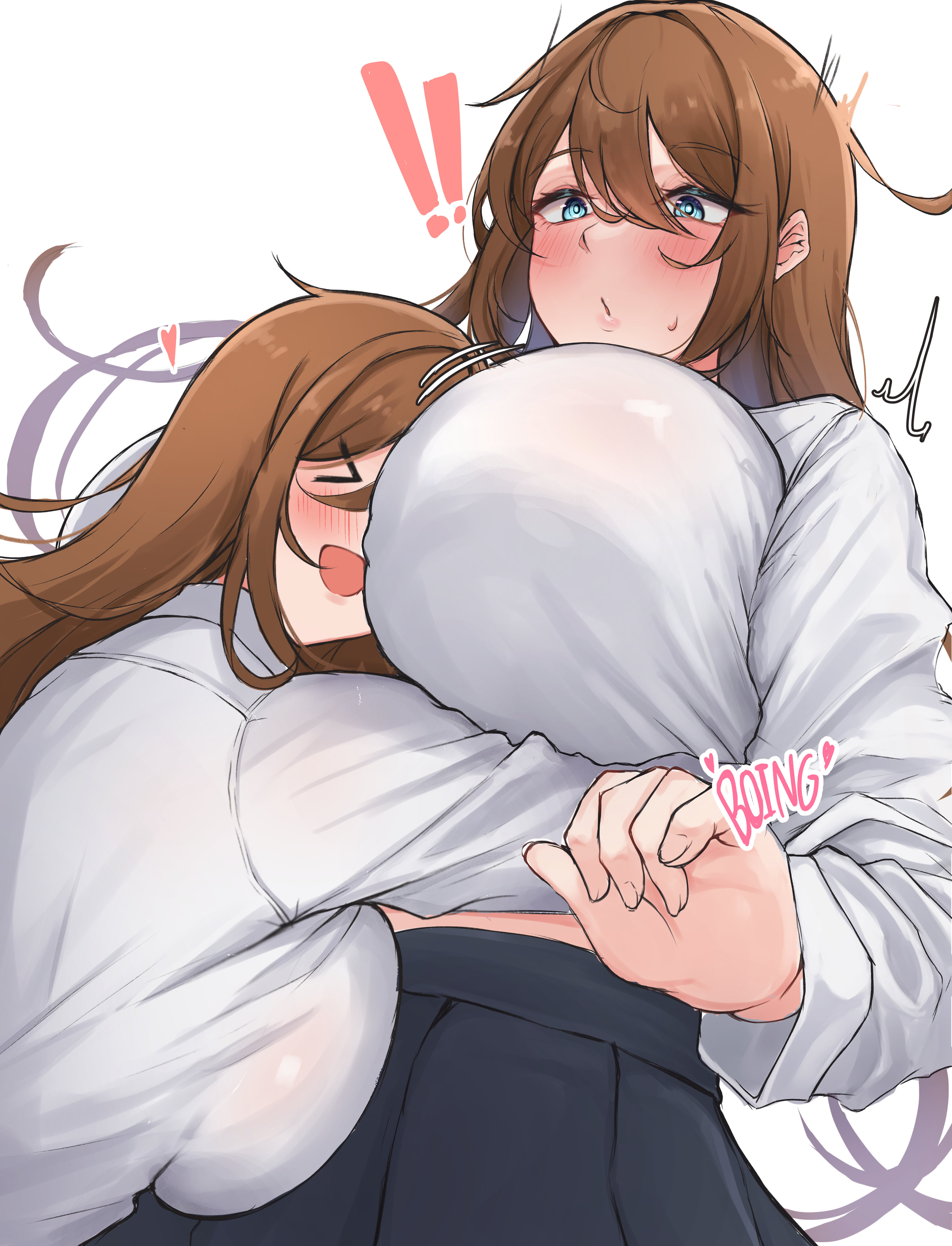 !, !!, > <, 2023, 2girls, absurd res, between breasts, blue eyes, blush, breast press, breasts, brown hair, female, female only, hair between eyes, head between breasts, heart, highres, hug, huge breasts, hugging, large breasts, long hair, looking at another, minori (user eket5233), multiple females, multiple girls, open mouth, original, pleated skirt, school uniform, shirt, simple background, skirt, smile, sound effects, standing, surprised, tight clothing, tongue, white background, white shirt, yuri