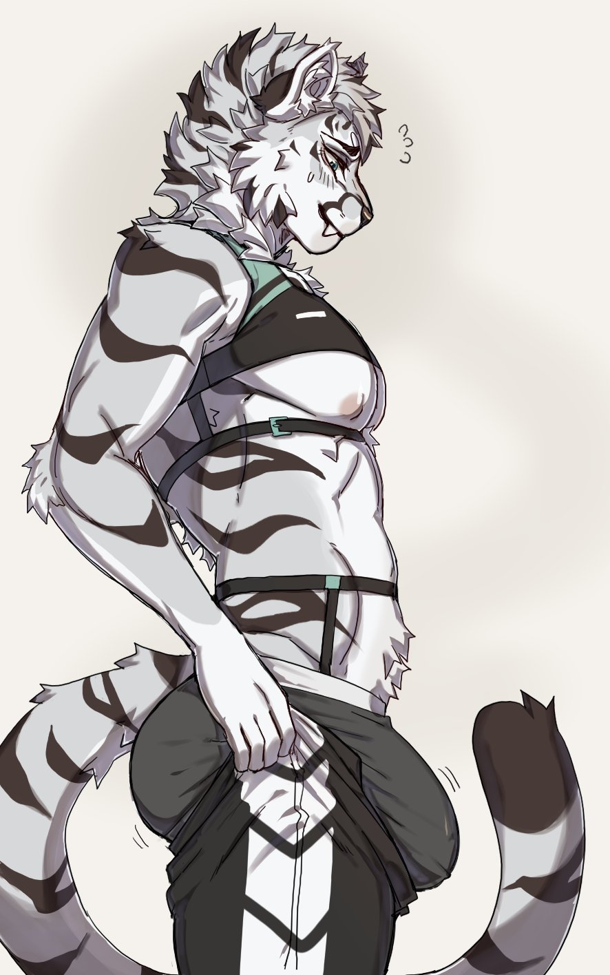 2023 anthro areola ass athletic athletic_anthro athletic_male big_bulge black_body black_fur bulge clothing felid fur grey_body grey_fur hi_res kasusei len_(extremedash) looking_down male mammal maremare pantherine sei_kasu solo striped_body striped_fur stripes tiger tight_pants_(meme) underwear white_body white_fur