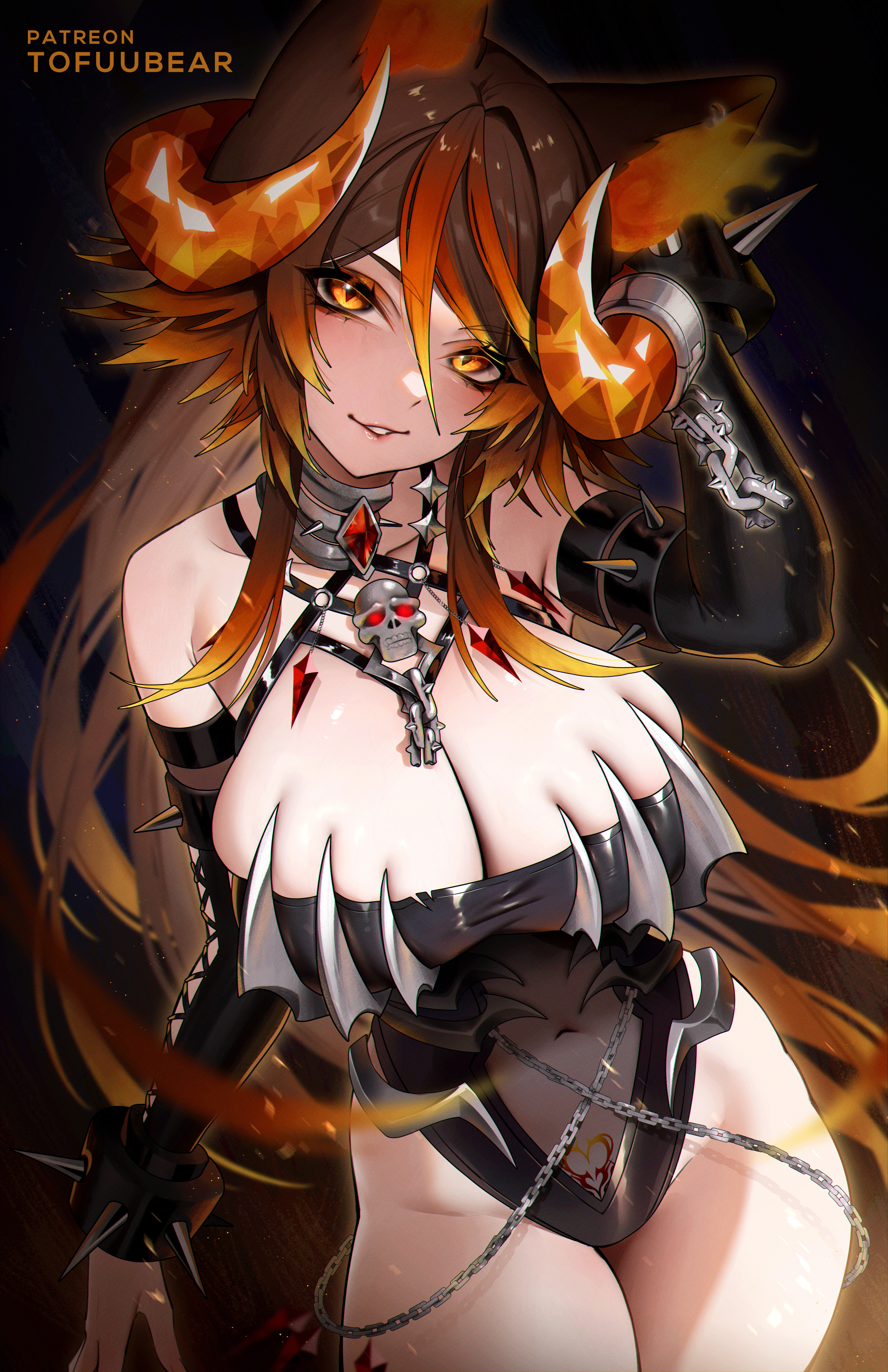 1girls, 2d (artwork), absurdres, animal ears, bare shoulders, black background, black leotard, blush, boss rush, breasts, brown hair, chains, cleavage, collarbone, commentary, covered navel, cowboy shot, demon horns, detached sleeves, english commentary, female, female only, gradient hair, hair between eyes, hand up, hellhound, highleg, highleg leotard, highres, horns, indie virtual youtuber, large breasts, leotard, long hair, long sleeves, looking at viewer, multicolored hair, orange hair, parted lips, patreon username, pubic tattoo, see-through, sidelocks, simple background, sinder (vtuber), sinder (vtuber) (2nd costume), smile, solo, tattoo, tofuubear, virtual youtuber, wolf, wolf ears, wolf girl, yellow eyes