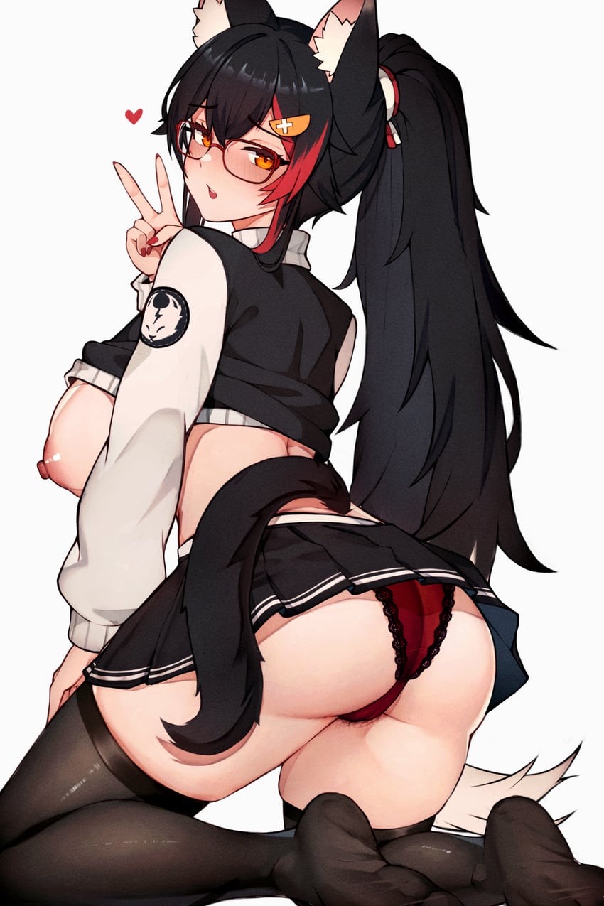 black fur, black hair, black panties, blush, blushing at viewer, breasts, female, female only, functionally nude, glasses, hololive, hololive gamers, hololive japan, kemonomimi, large breasts, long hair, no bra, ookami mio, red panties, school uniform, schoolgirl, tongue, tongue out, varniskarnis, virtual youtuber, vtuber, wolf, wolf ears, wolf girl, wolf tail