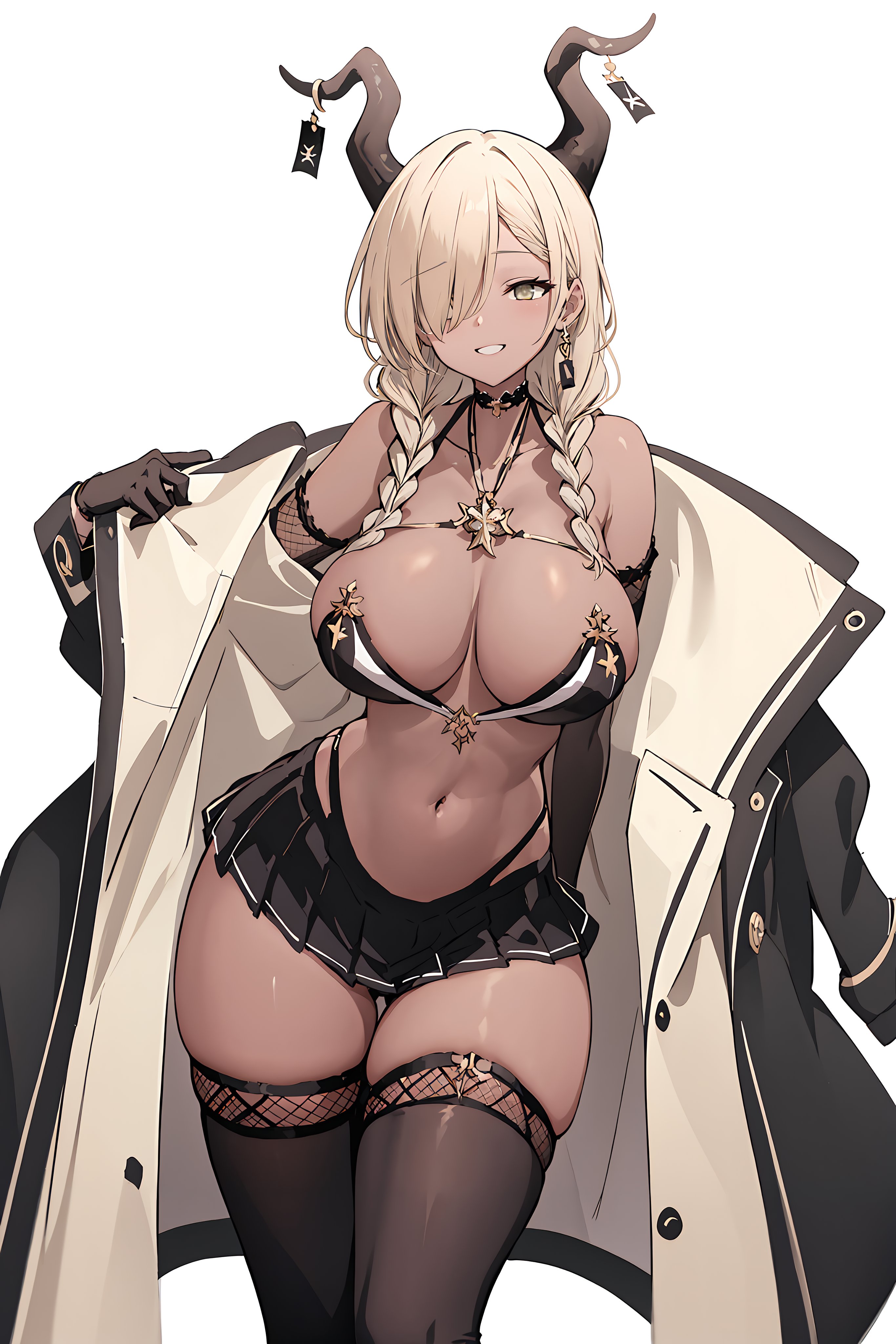 1girls, ai generated, azur lane, bikini top, blonde hair, breasts, brown skin, female, gyaru, hair over one eye, horns, huge breasts, long hair, owari (azur lane), short skirt, simple background, skirt, smile, tan, tan-skinned female, tanned skin, thick thighs, thighs