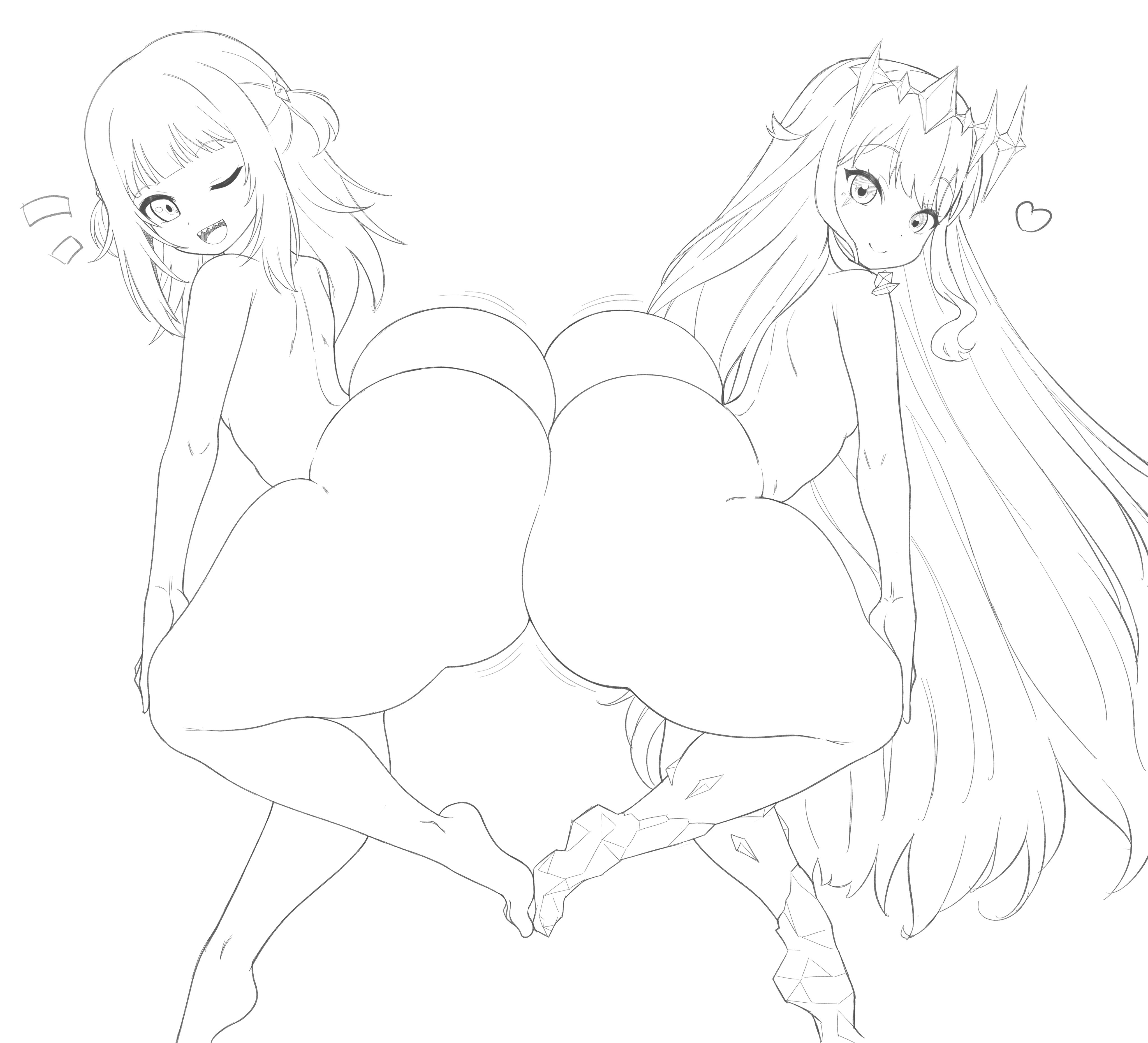 :d, 2girls, ass, ass to ass, barefoot, bottom heavy, fangs, female, gawr gura, gigantic ass, happy, heart, heart-shaped pupils, hololive, hololive english, hololive english -advent-, hololive myth, hyper ass, hyper thighs, koseki bijou, multiple females, multiple girls, nude, thanuki, thanukiart, thick thighs, virtual youtuber, wide hips