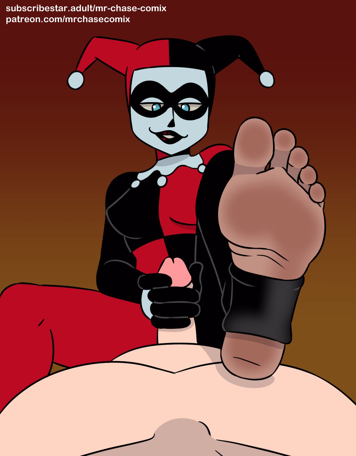 barefoot batman:_the_animated_series batman_(series) dc dc_comics dcau duo feet female foot_fetish foot_focus handjob harley_quinn harley_quinn_(classic) male mr._chase_comix partial_male penis soles stirrup_legwear toes