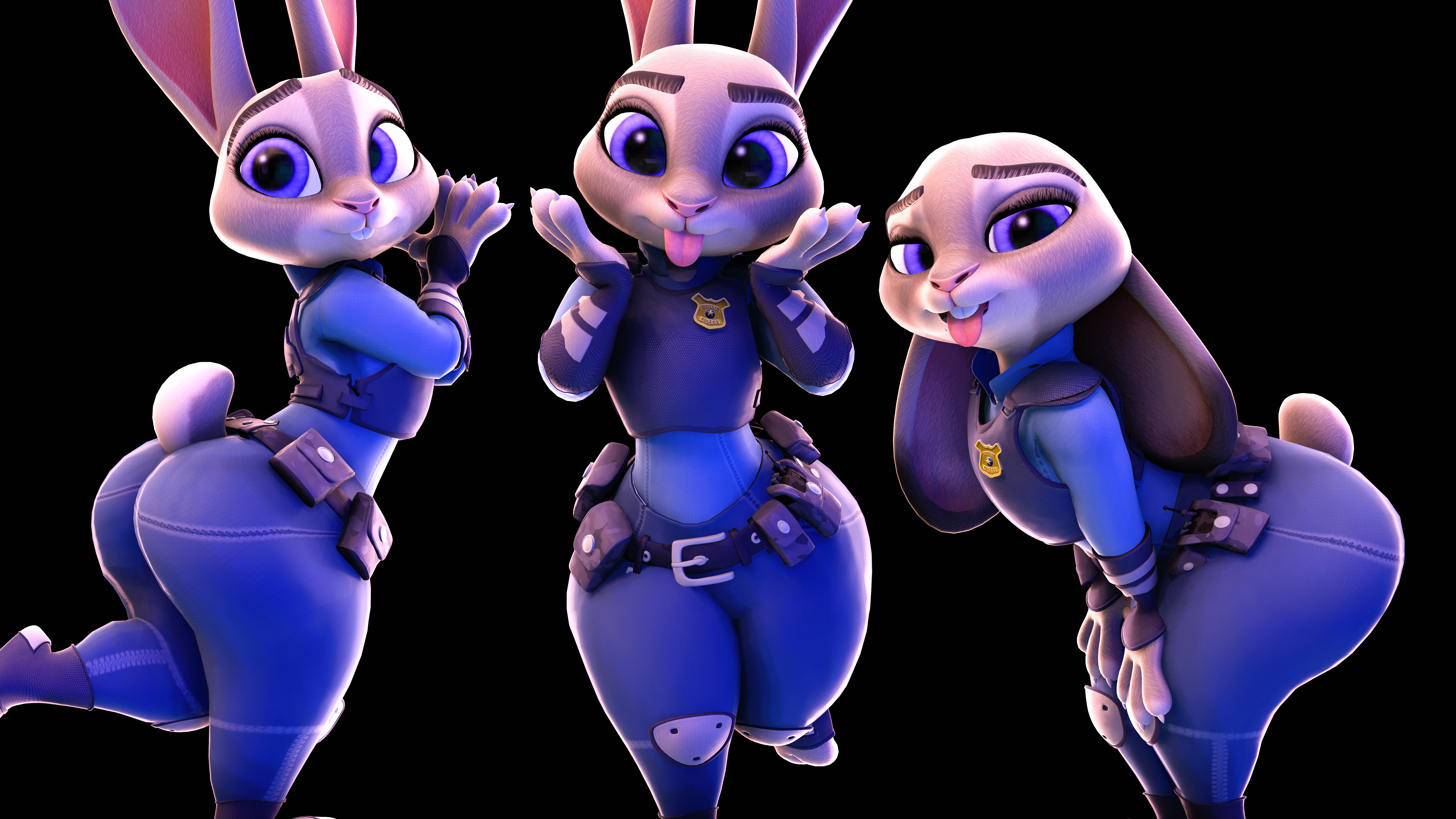 5 fingers, absurd res, anthro, ass, badge, black background, bodysuit, clothing, disney, eyes, female, female focus, female only, furry, judy hopps, nugter, open eyes, png, police uniform, rabbit, rabbit humanoid, sfm, smile, source filmmaker, standing, sticking out tongue, tail, tight clothing, zootopia