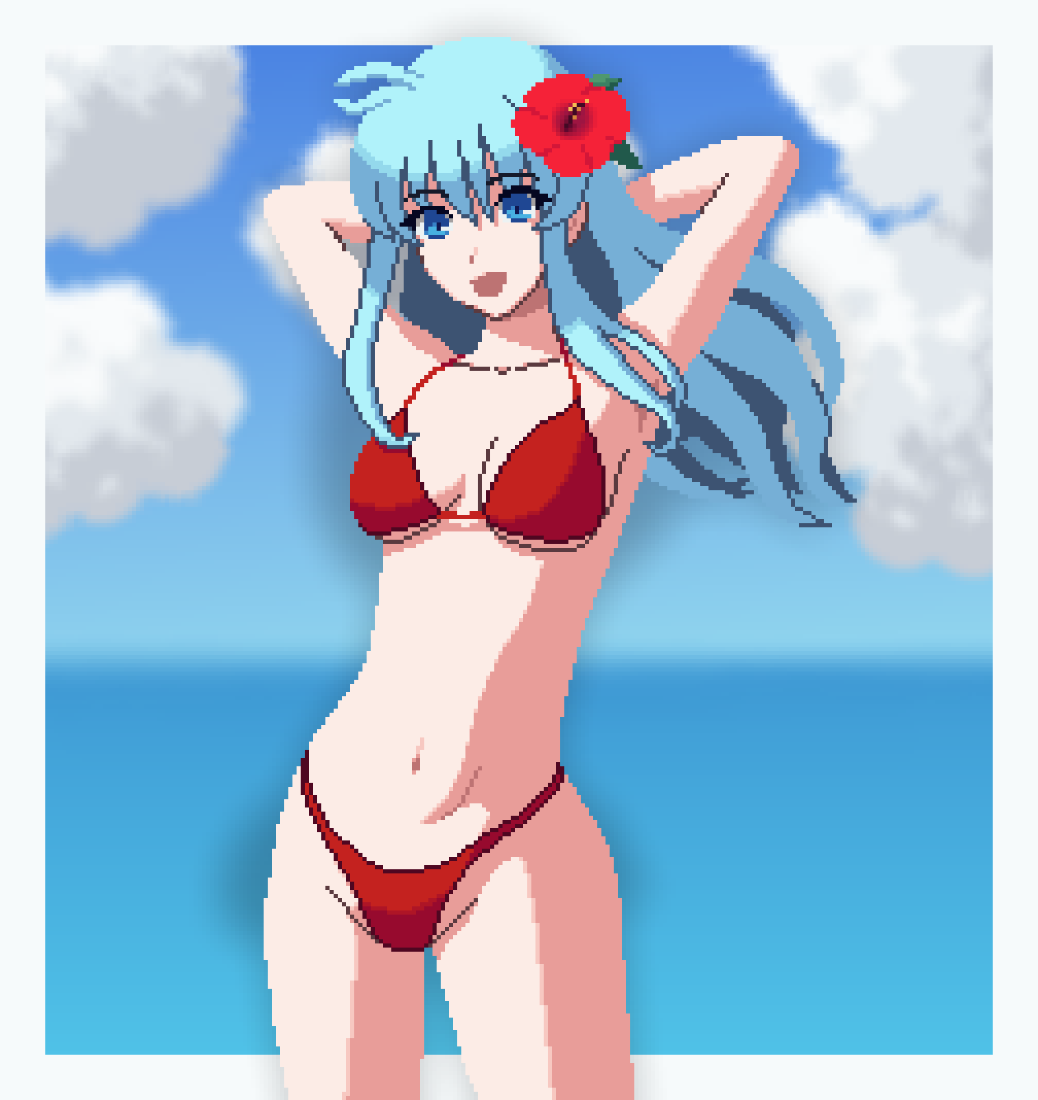 1girls alternate_costume armpits arms_behind_head bangs bare_midriff bare_thighs bikini blue_eyes blue_hair breasts eirika_(fire_emblem) eirika_(summer)_(fire_emblem) female female_only fire_emblem fire_emblem:_the_sacred_stones fire_emblem_heroes flower hair_flower long_hair medium_breasts midriff nintendo ocean official_alternate_costume open_mouth outdoors pixel_art red_bikini red_swimsuit seiko093 smile solo swimsuit thighs underboob