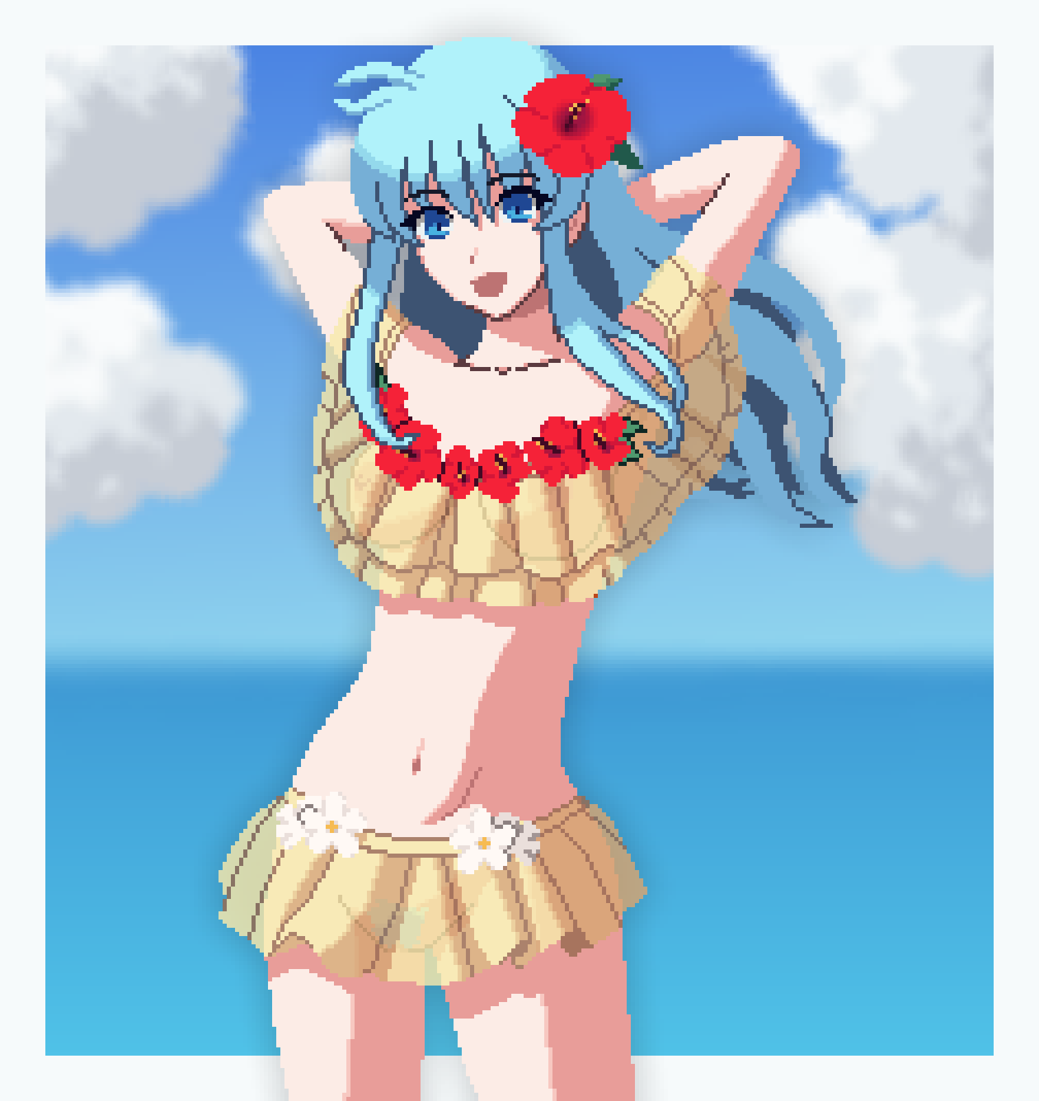 1girls alternate_costume armpits arms_behind_head bangs bare_midriff bare_thighs bikini bikini_skirt blue_eyes blue_hair breasts eirika_(fire_emblem) eirika_(summer)_(fire_emblem) female female_only female_pubic_hair fire_emblem fire_emblem:_the_sacred_stones fire_emblem_heroes flower hair_flower long_hair medium_breasts midriff nintendo nipples ocean official_alternate_costume open_mouth outdoors pixel_art pubic_hair seiko093 smile solo swimsuit thighs yellow_bikini yellow_swimsuit