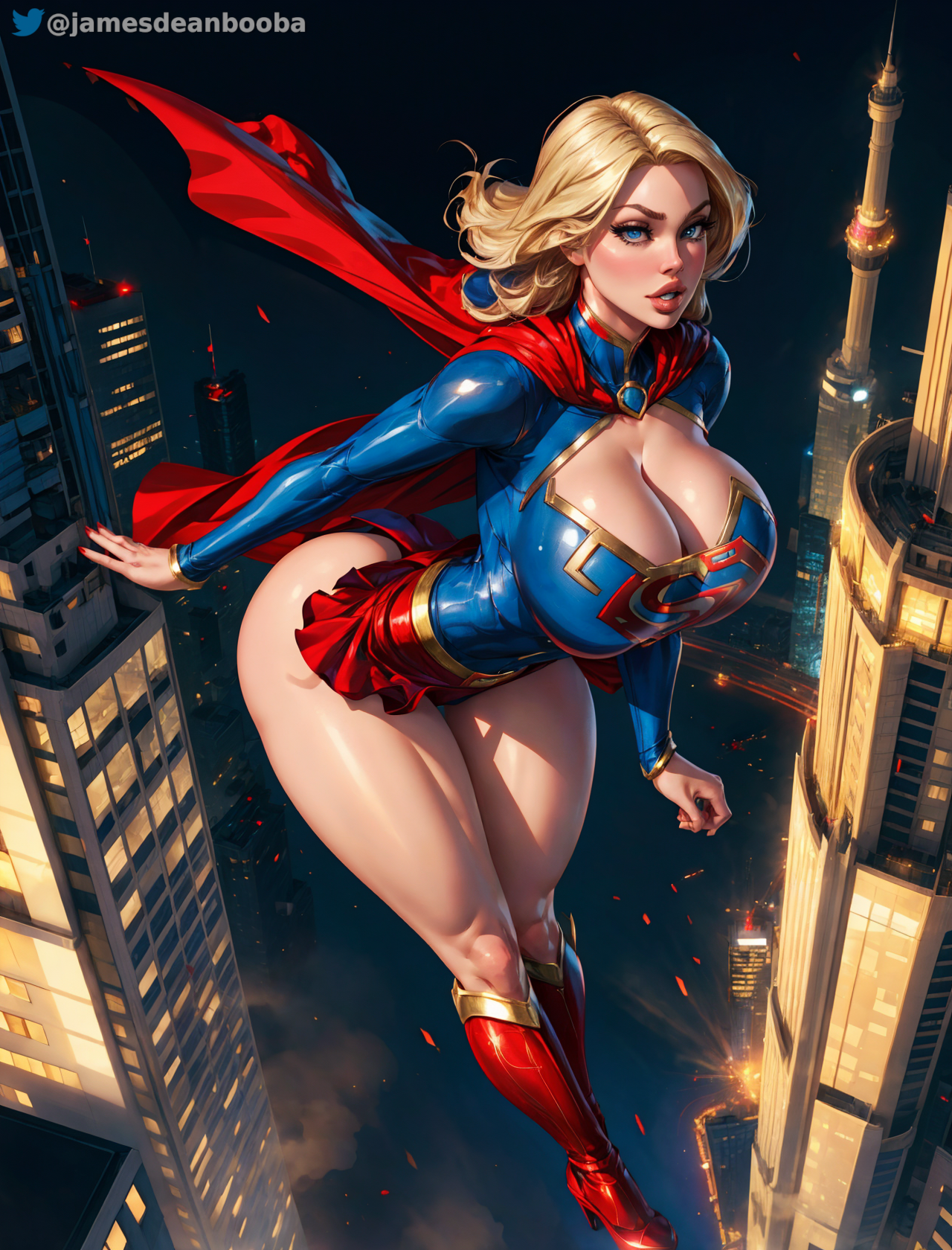 ai generated, ai hands, ass, big breasts, blonde, blonde female, blonde hair, blue eyes, breasts, busty, cape, cleavage, dc, dc comics, female, flying, high heels, hourglass figure, huge breasts, jamesdeanbooba, kara zor-el, kryptonian, red cape, skimpy outfit, solo, supergirl, superhero costume, superheroine, superman (series), thick ass, thick thighs