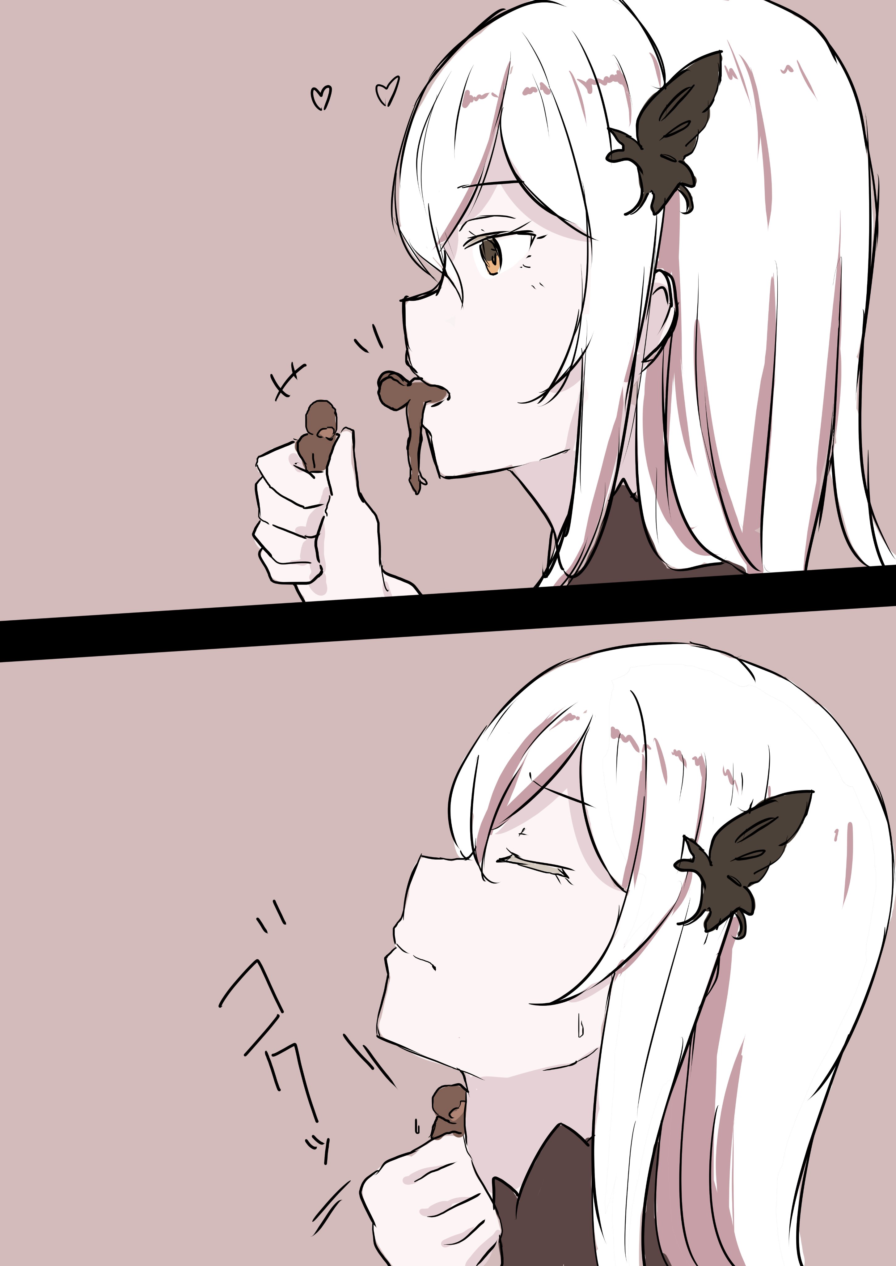 anime style, brown hair, echidna (re:zero), giantess, hair clip, hands, holding, macrophilia, oral vore, pink background, re:zero kara hajimeru isekai seikatsu, shrunk, shrunken, swallowing, throat, tiny person, twitter, vore, white hair