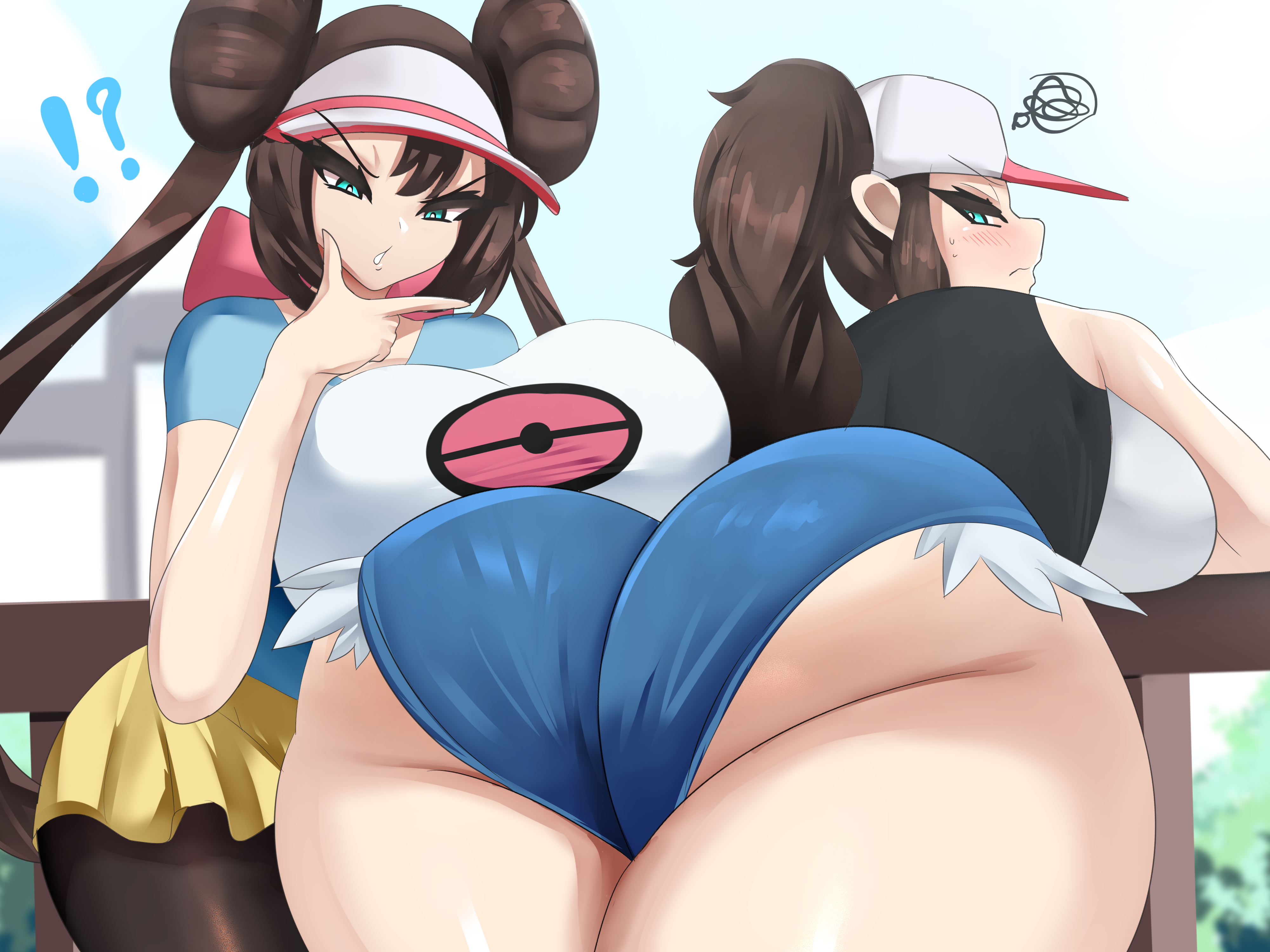 2girls, ass, ass hanging out of shorts, ass vs breasts, blue eyes, bottom heavy, breast size difference, breasts, butt size difference, female, hi res, hilda (pokemon), hips, huge ass, huge breasts, long hair, long ponytail, multiple females, multiple girls, nintendo, pokemon, pokemon bw, pokemon bw2, ponytail, rosa (pokemon), sana!rpg, short shorts, shorts, thick thighs, thighs, top heavy, twin buns, twintails, uncensored, wide hips