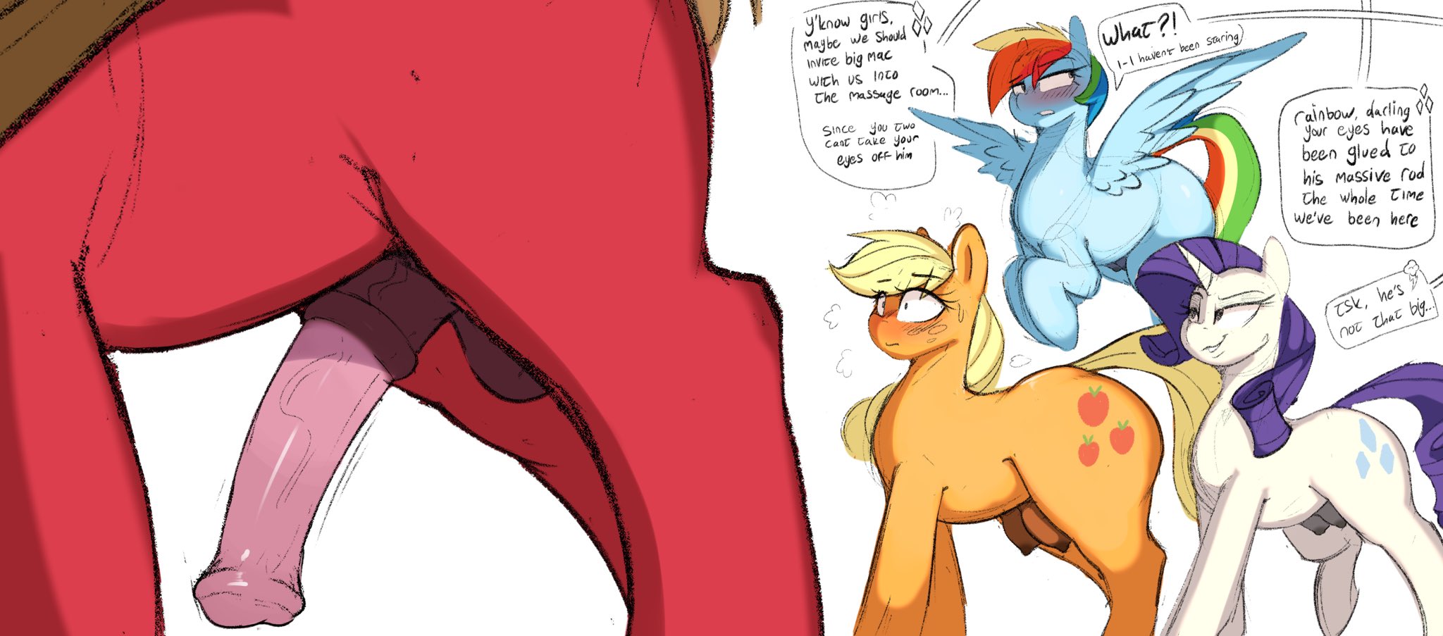 animal genitalia, animal penis, applejack (mlp), balls, big macintosh (mlp), blue body, blush, breasts, crotchboobs, cutie mark, dialogue, earth pony, english text, equid, equine, equine genitalia, equine penis, eyebrow through hair, eyebrows, faceless character, faceless male, female, feral, friendship is magic, genitals, group, hair, hasbro, hi res, hooves, horn, horse, male, mammal, motion lines, multicolored hair, multicolored tail, my little pony, mythological creature, mythological equine, mythology, orange body, pegasus, penis, pony, purple hair, purple tail, quadruped, rainbow dash (mlp), rainbow hair, rainbow tail, rarity (mlp), red body, speech bubble, tail, text, translucent, translucent hair, unicorn, unicorn horn, welost, white body, wings, yellow tail