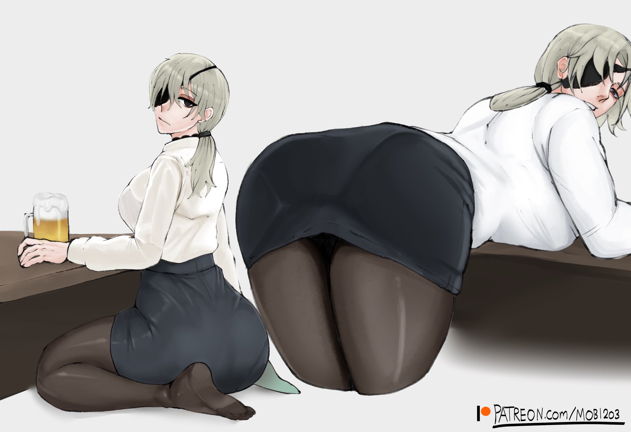 1girls, chainsaw man, female, light skin, light-skinned female, looking at viewer, mobi mobi, pale skin, pale-skinned female, patch, quanxi (chainsaw man), silver hair, uniform