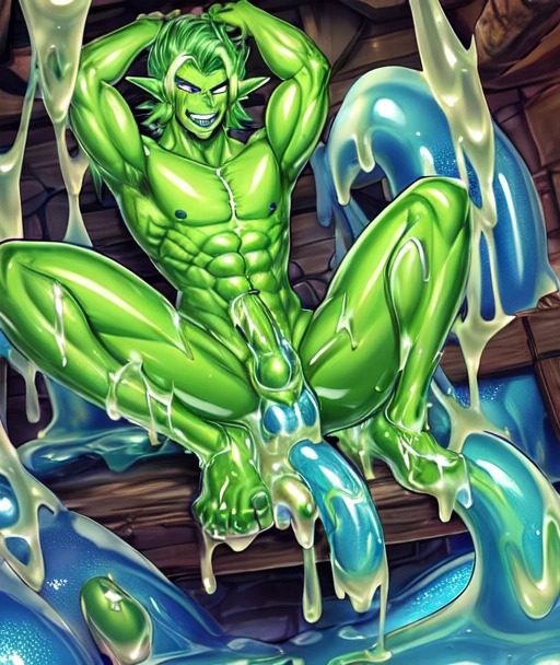 ai_generated anal anal_sex cum cum_inside green_body green_skin male male_only muscular muscular_male sitting slime slimey smile tentacle