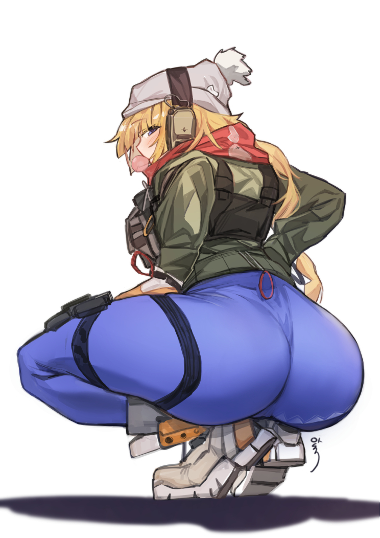 aningay ass blonde_hair boots bubble_blowing chewing_gum female full_body girls'_frontline hat headphones holster jacket long_hair long_sleeves looking_at_viewer official_alternate_costume red_scarf scarf simple_background solo squatting thigh_holster vhs_(girls'_frontline) vhs_(keeper_on_page_8)_(girls'_frontline) white_background