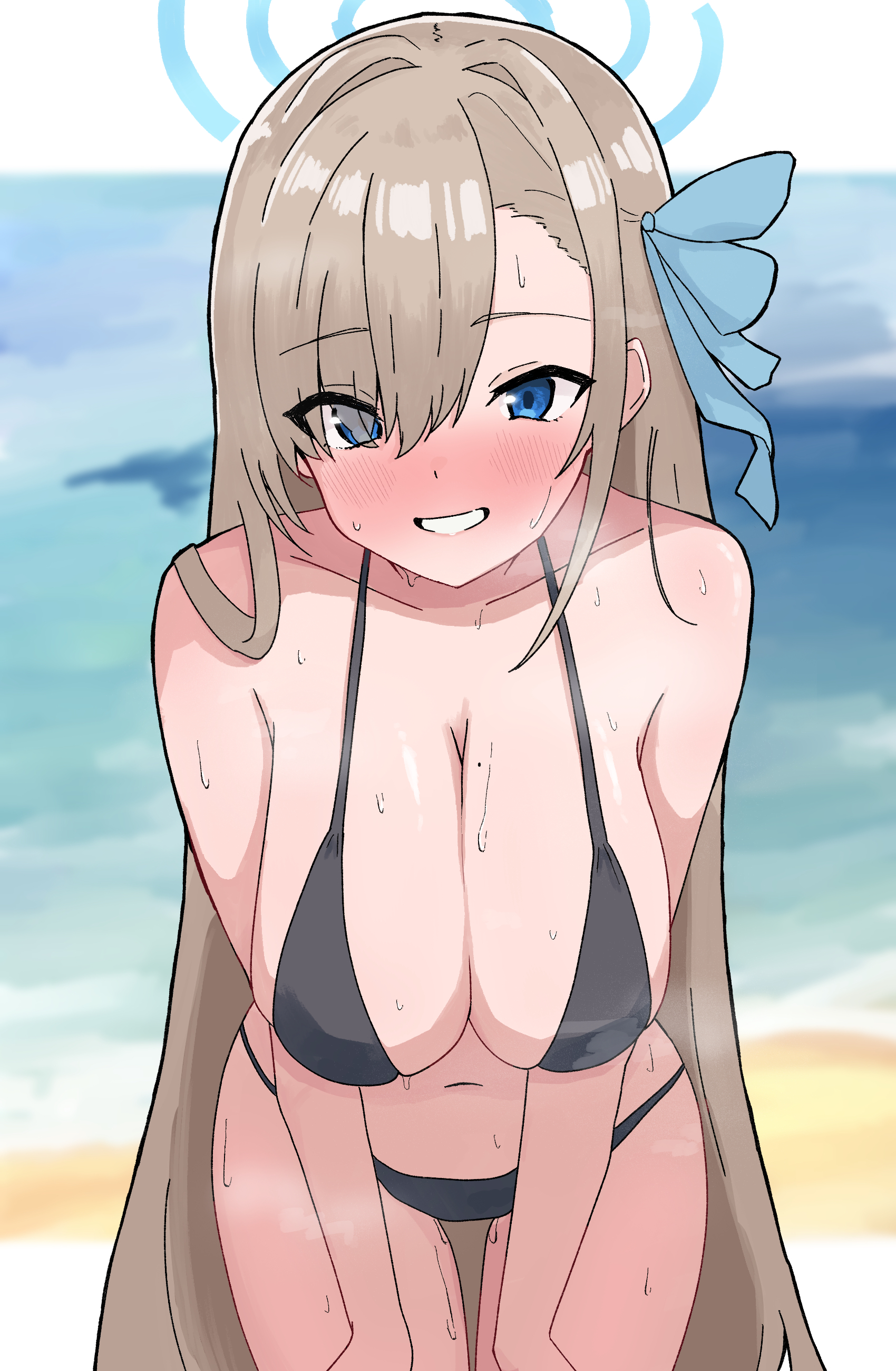 1girls, almost naked, almost nude, asuna (blue archive), bare arms, bare belly, bare chest, bare hips, bare legs, bare midriff, bare navel, bare shoulders, bare skin, bare thighs, beach, belly, belly button, big boobs, big breasts, bikini, bikini bottom, bikini only, bikini top, black bikini, black bikini bottom, black bikini top, black string bikini, black swimsuit, black swimwear, blonde, blonde eyebrows, blonde female, blonde hair, blonde-haired female, blue archive, blue eyes, blue hair ribbon, blue hair tie, blue halo, blue ribbon, blue-eyed female, blurred background, blurry background, blush, blush face, blushing, blushing at viewer, blushing female, breasts, busty, busty female, busty teenager, cleaning & clearing (blue archive), cleavage, collarbone, curvaceous, curvaceous body, curvaceous female, curvaceous figure, curvaceous hips, curvaceous teenager, curvy, curvy body, curvy female, curvy figure, curvy hips, digital, digital art, digital drawing, digital drawing (artwork), digital media, digital media (artwork), embarrassed, embarrassed expression, embarrassed female, exposed arms, exposed belly, exposed chest, exposed hips, exposed legs, exposed midriff, exposed navel, exposed shoulders, exposed skin, exposed thighs, eyebrows visible through hair, female, female focus, female only, flustered, flustered female, groin, hair over one eye, hair ribbon, hair tie, halo, halterneck, hanging breasts, high resolution, high school student, highres, hourglass figure, large boobs, large breasts, lean figure, leaning, leaning forward, long hair, looking at viewer, midriff, millennium science school student, mole, mole on breast, mostly nude, naked, naked female, naked woman, narrow waist, navel, nearly nude, nude, nude female, nudity, outdoor, outdoor nudity, outdoors, outside, parted bangs, parted lips, plump breasts, practically nude, ribbon, schoolgirl, shoulders, simple background, slender body, slender waist, slim waist, smile, smiley face, smiling, smiling at viewer, solo, solo female, standing, string bikini, sweat, sweatdrop, sweating, sweaty, sweaty belly, sweaty body, sweaty breasts, sweaty chest, sweaty face, sweaty female, sweaty legs, sweaty thighs, swimsuit, swimwear, teenage female, teenager, thick, thigh gap, thighs, tori no shigure ni, upper body, very long hair, very long-haired female, voluptuous, wide hips, young female, young woman