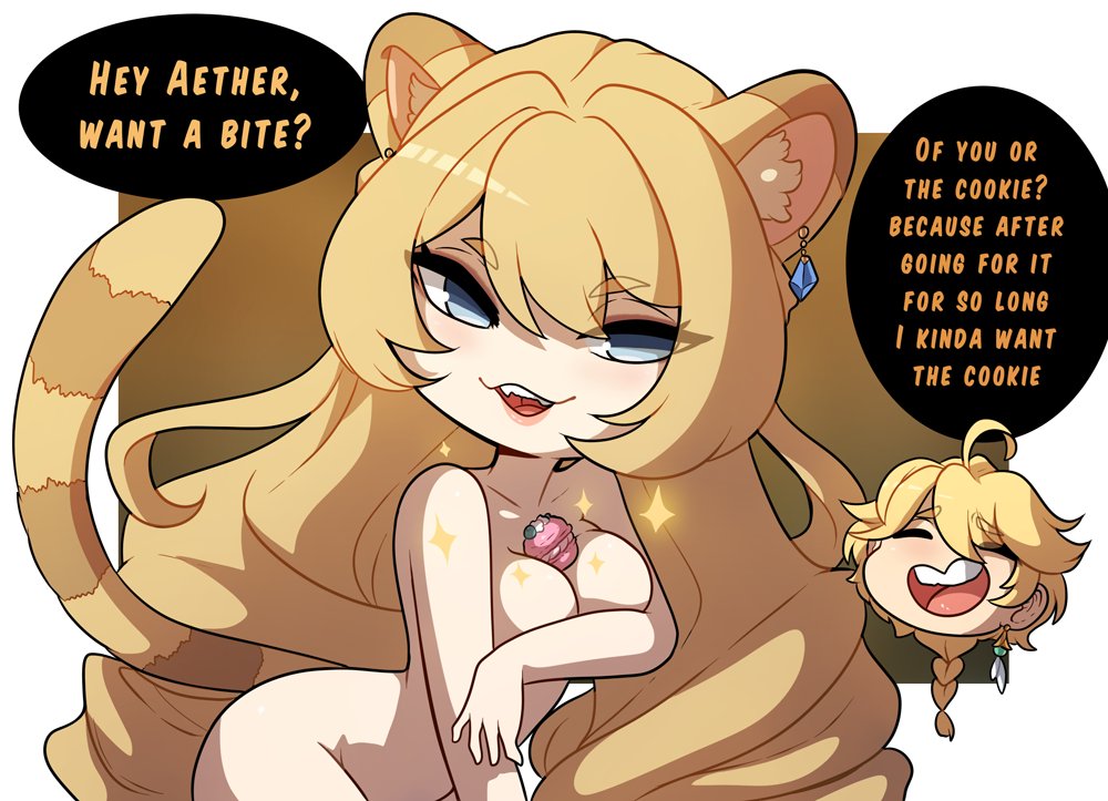 :3, 1boy, 1girls, aether (genshin impact), cat girl, catgirl, completely nude, english text, female, genshin impact, kinkymation, male, navia (genshin impact), nude, text