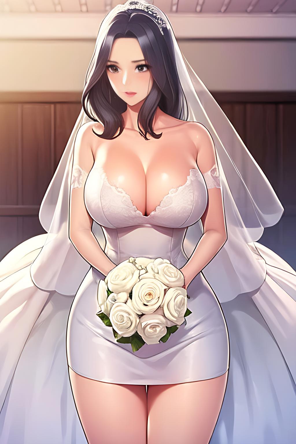 ai generated, big breasts, breasts, busty, female, flower, large breasts, long hair, manhwa, marriage, milf, nervous, purple hair, stable diffusion, thick thighs, wedding, wedding dress, white dress, wife