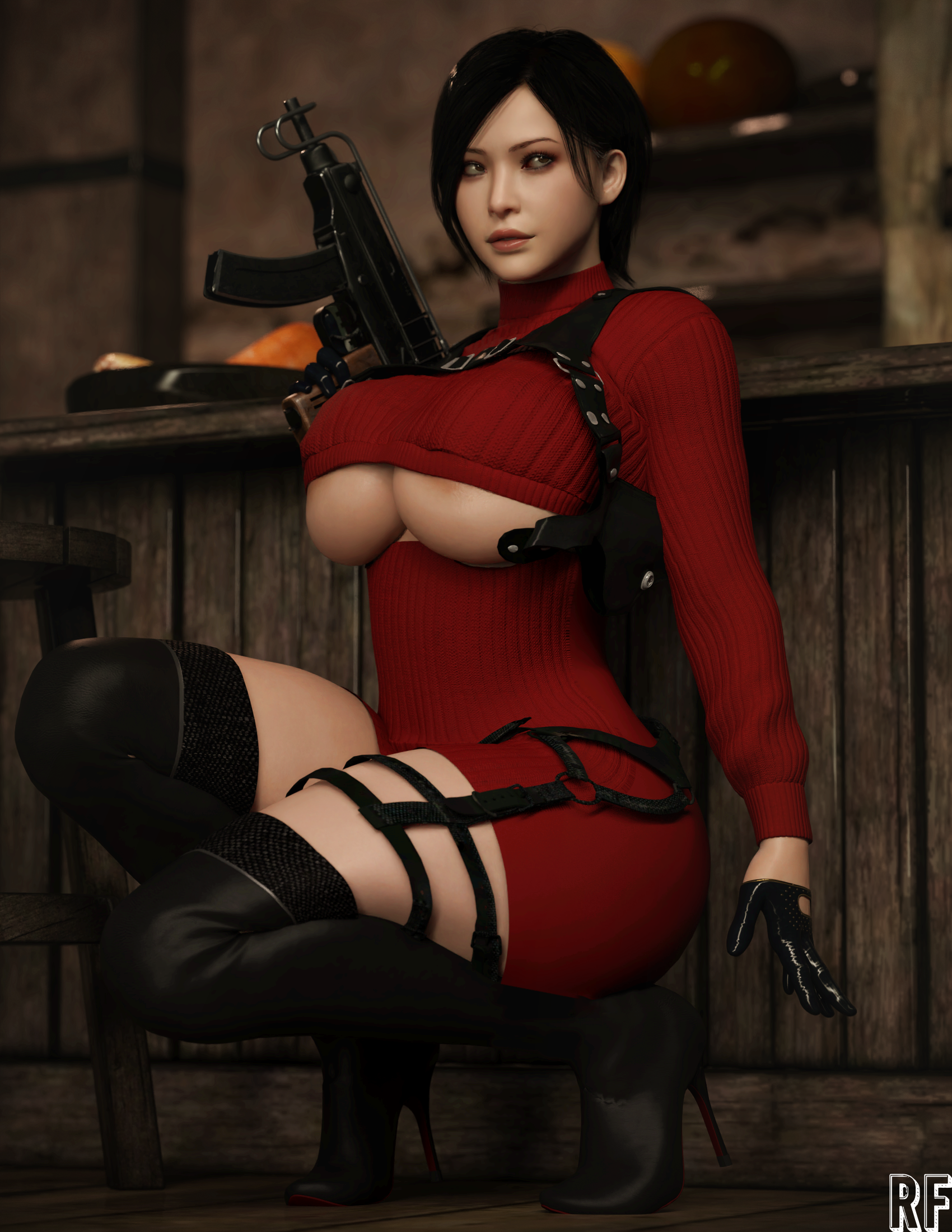 1girls, 3d, absurd res, ada wong, areolae peeking, asian female, black gloves, black hair, boots, breasts, brown eyes, female, female only, gloves, hi res, high heel boots, high heels, large breasts, leather gloves, resident evil, rude frog, solo, underboob, weapon