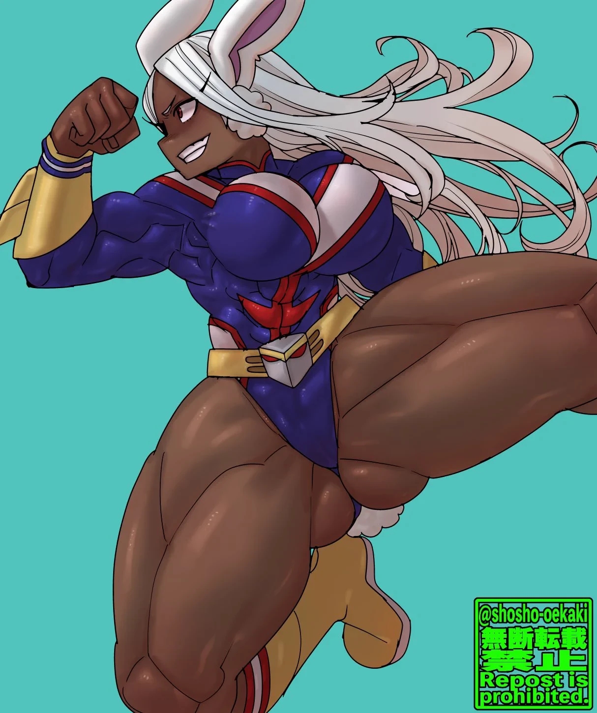1girls, ass, big breasts, breasts, dark skin, female, female only, large breasts, long hair, miruko, my hero academia, rabbit ears, red eyes, shosho oekaki, solo, solo female, solo focus, thick thighs, thighs, tits, white hair, wide hips