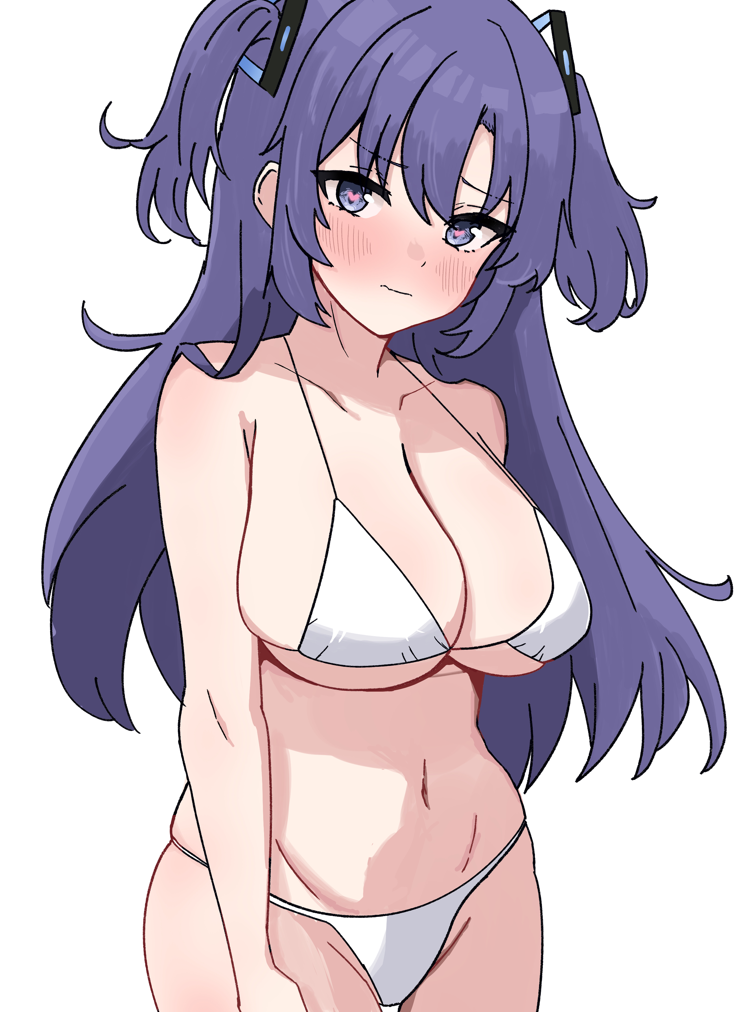 1girls, big breasts, bikini, blue archive, blush, breasts, female, female only, heart-shaped pupils, large breasts, long hair, looking at viewer, millennium science school student, purple eyes, purple hair, seminar (blue archive), simple background, solo, solo female, swimsuit, thick, tori no shigure ni, voluptuous, white background, yuuka (blue archive)