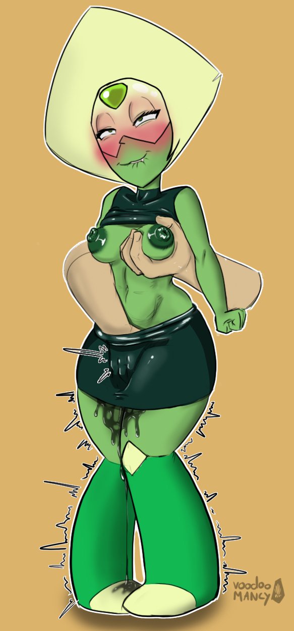 1girls, blush, breast grab, breasts, cartoon network, disembodied hand, female, fingers, gem (species), hand in pants, male, nipples, peridot (steven universe), pussy, pussy juice, steven universe, unseen male, voodoomancy, wet pussy