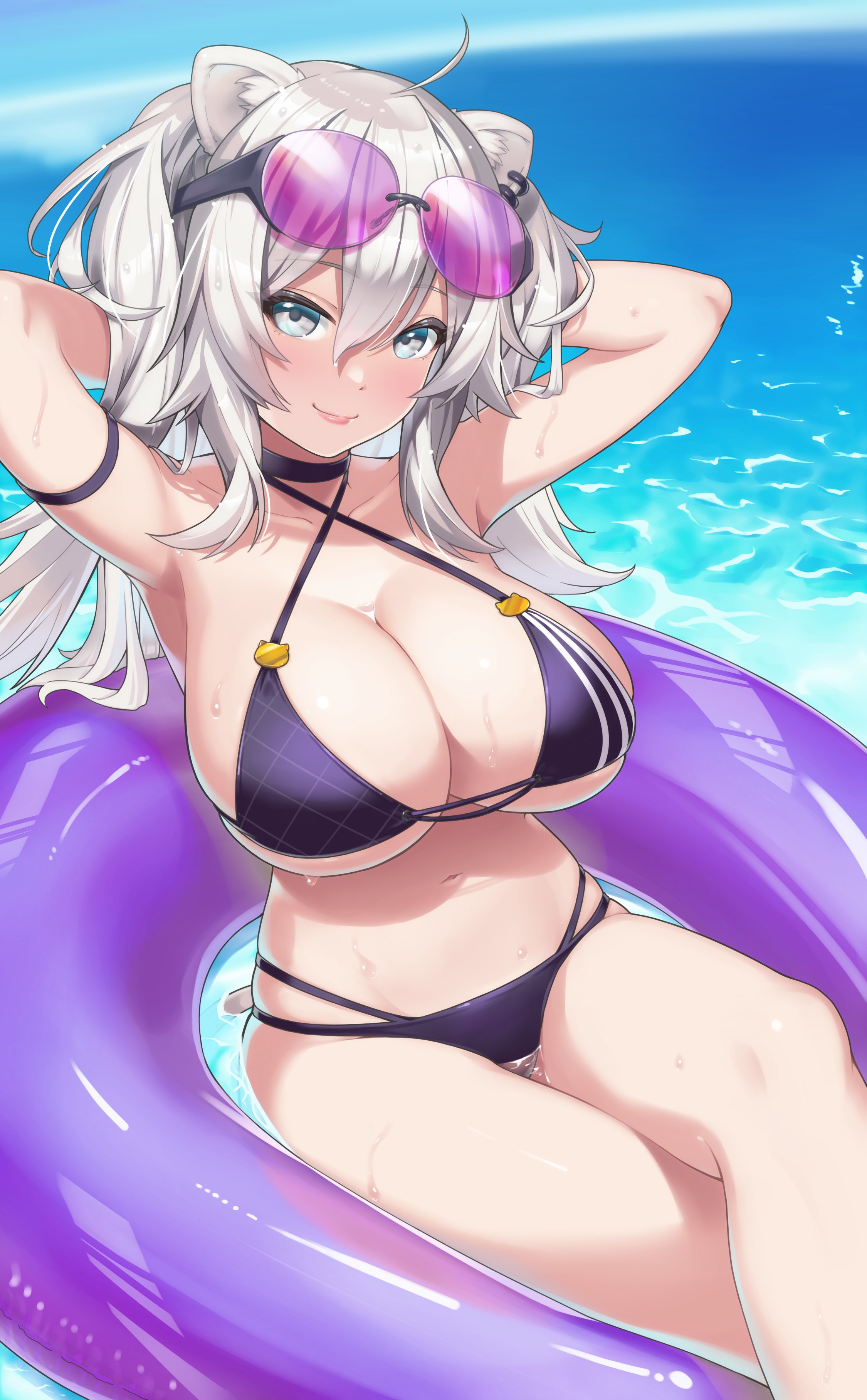 1girls, 2023, 2d, 2d (artwork), absurdres, ahoge, animal ears, arm strap, armpits, arms up, bikini, bikini bottom, bikini top, black bikini, black bikini bottom, black bikini top, blush, breasts, cleavage, criss-cross halter, eyewear on head, female, female only, grey eyes, grey hair, halterneck, highres, hololive, hololive gen 5, hololive japan, innertube, juuzou (juzokagura), large breasts, light skin, light-skinned female, lion ears, lion girl, lion tail, lips, long hair, looking at viewer, multi-strapped bikini, ocean, pale skin, pale-skinned female, partially submerged, shishiro botan, sitting, sky, smile, solo, solo female, solo focus, sunglasses, swimsuit, tail, virtual youtuber, wet