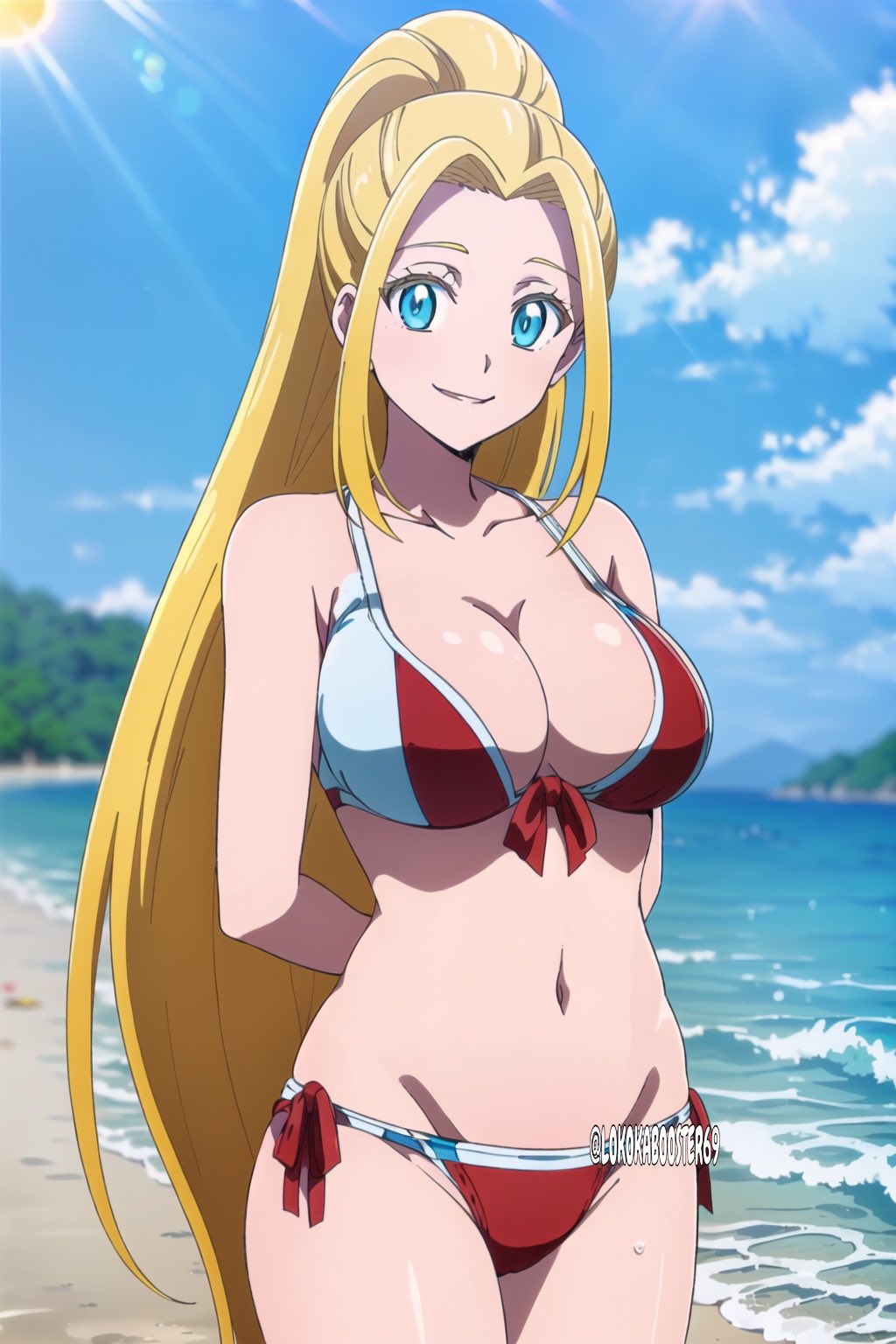 ai_generated beach beatrix_amerhauser bikini blonde_hair blue_eyes hands_behind_back lokokabooster69 long_hair ponytail smiling_at_viewer zom_100:_zombie_ni_naru_made_ni_shitai_100_no_koto