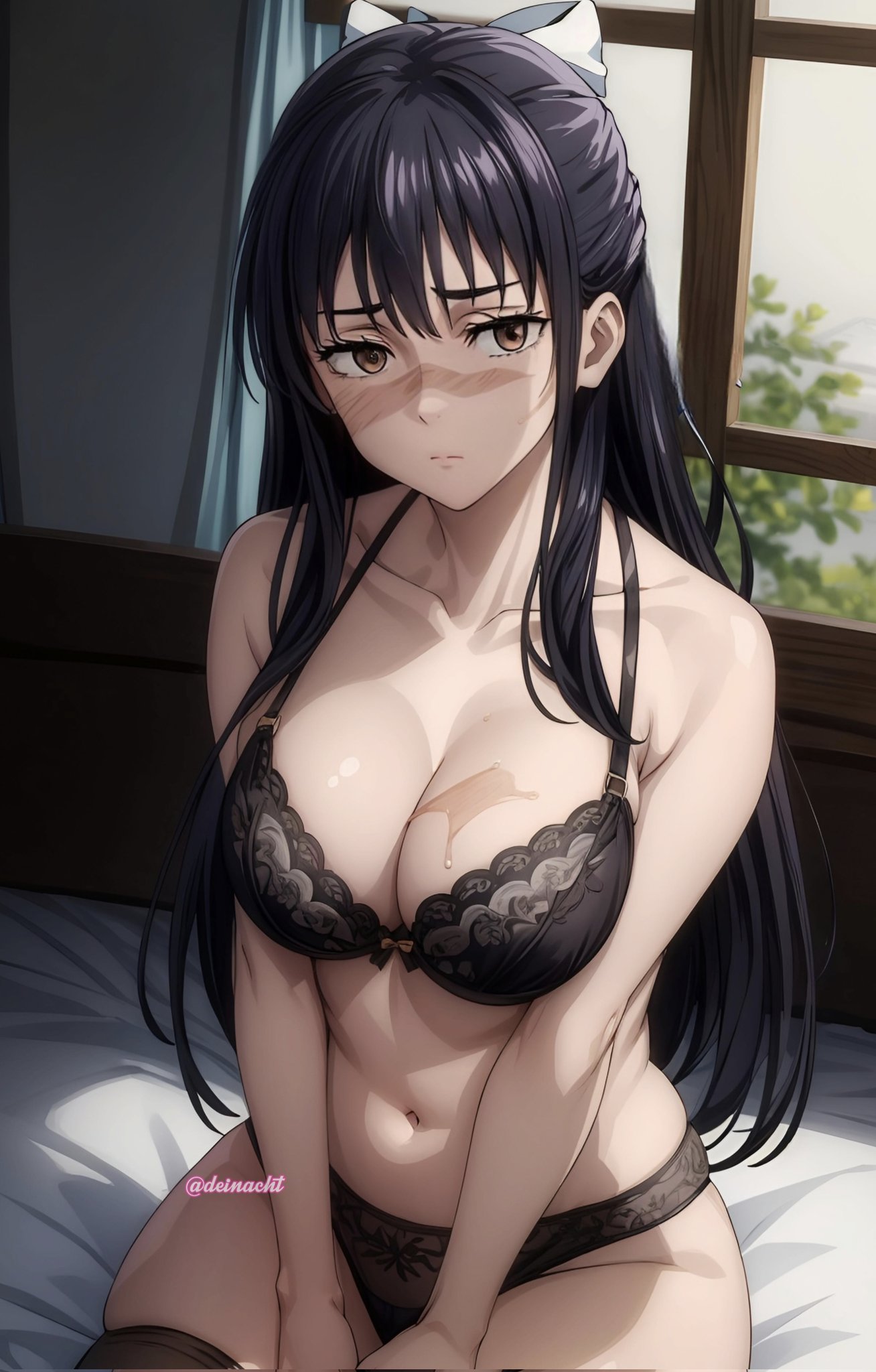 ai_generated big_breasts black_bra black_hair black_panties deinacht hands_between_legs jujutsu_kaisen long_hair scar_on_face utahime_iori