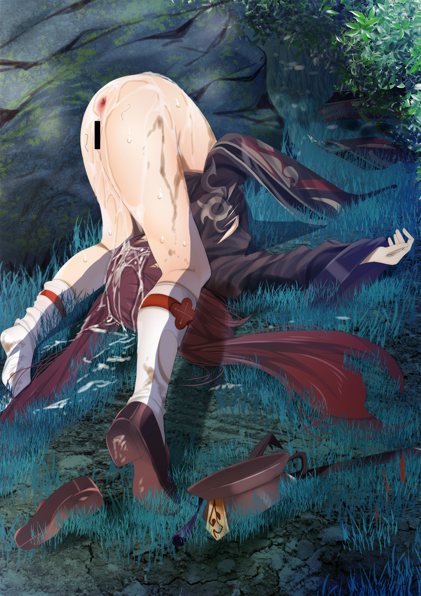 after_rape after_sex anus bar_censor bottomless brown_hair censored cum cum_on_ass cum_on_clothes cum_on_hair death female female_death folded full_body fumihiko_(pixiv2658856) genshin_impact grass hat hat_removed headwear_removed highres hu_tao_(genshin_impact) long_hair long_sleeves outdoors porkpie_hat pussy rape shoes single_shoe socks solo stray_pubic_hair sweat thighs twintails upside-down very_long_hair white_socks