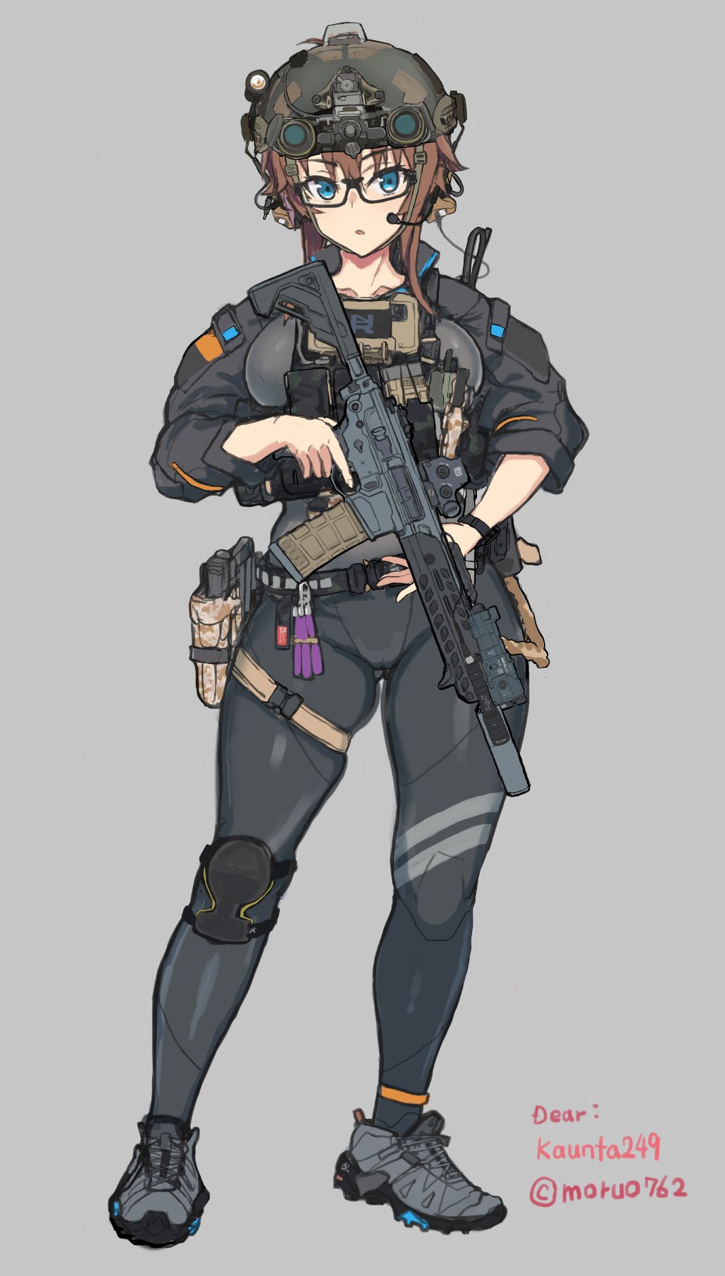 anus anus_peek blue_eyes bodysuit brown_hair female flare glasses gun handgun headset helmet highres jacket knee_pads looking_at_viewer mordeth original partially_visible_vulva rifle shoes short_hair sig_mcx skin_tight sneakers trigger_discipline weapon