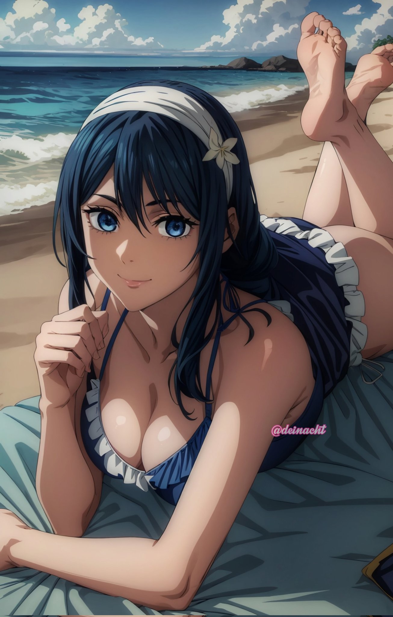 ai_generated amanai_riko barefoot beach blue_eyes blue_hair blue_one-piece_swimsuit feet hair_ornament jujutsu_kaisen laying_on_towel legs_up long_hair