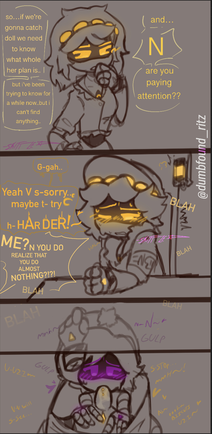 1boy, 2d, 2girls, angry, blowjob, blowjob under table, blush, dialogue, disassembly drone, dumbfound ritz, english dialogue, english text, female, fluffy hair, glitch productions, hand on head, humanoid, humanoid female, humanoid male, male, male/female, moaning, multiple females, multiple girls, murder drones, n (murder drones), oral, oral penetration, penis, purple eyes, risky sex, robot, robot boy, robot girl, robot humanoid, screen face, talking, text, twitter username, uncensored, under the table, uzi (murder drones), v (murder drones), white body, worker drone, yellow eyes