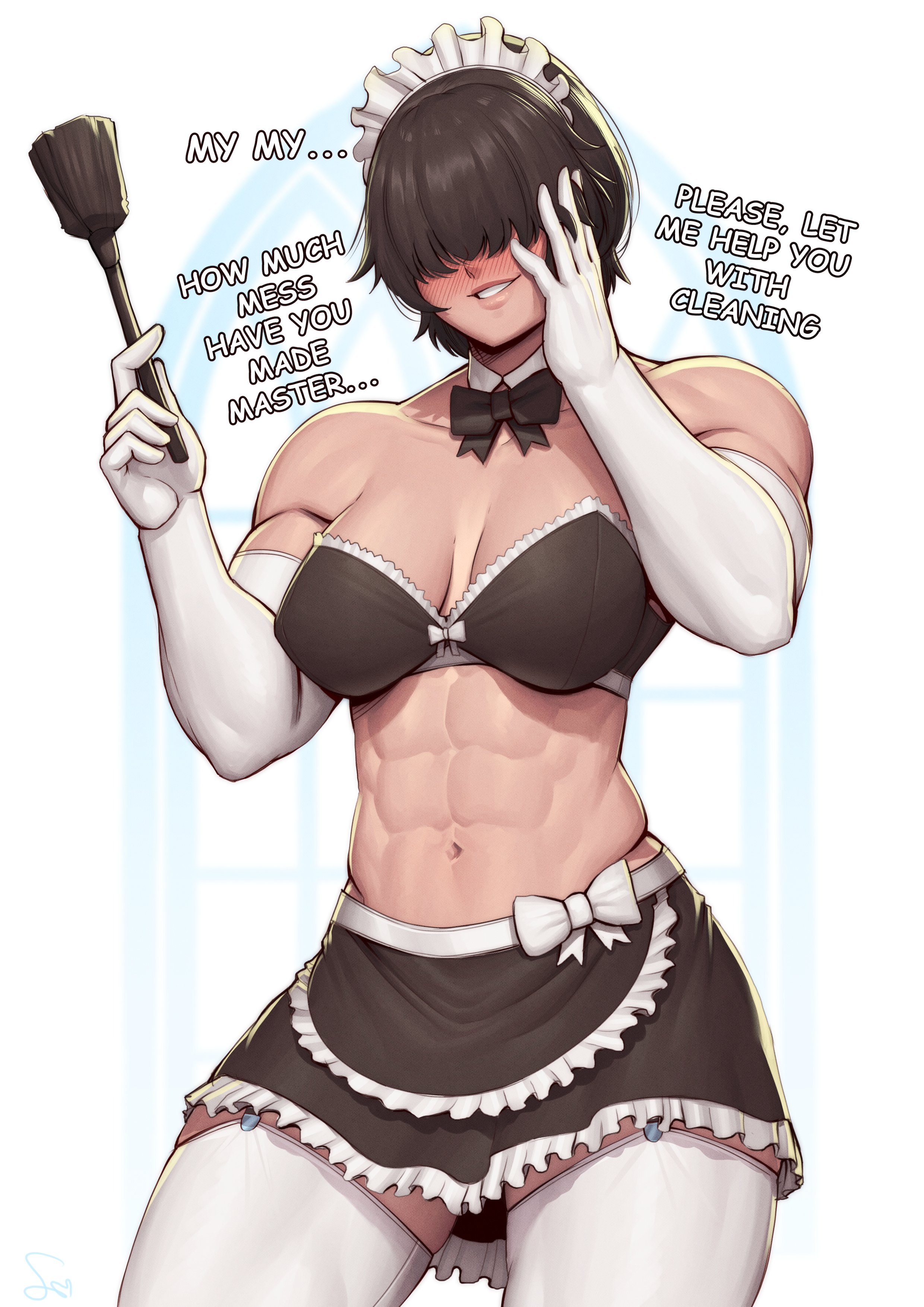 1girls, abs, athletic, athletic female, blinding bangs, blush, blushing at viewer, bra, covered eyes, detached collar, elbow gloves, eyes covered, female, garter straps, gloves, hair over eyes, looking at viewer, maid, maid headdress, maid outfit, maid uniform, muscular, muscular female, navel, original, original character, speedl00ver, talking to viewer, thighhighs, white thighhighs
