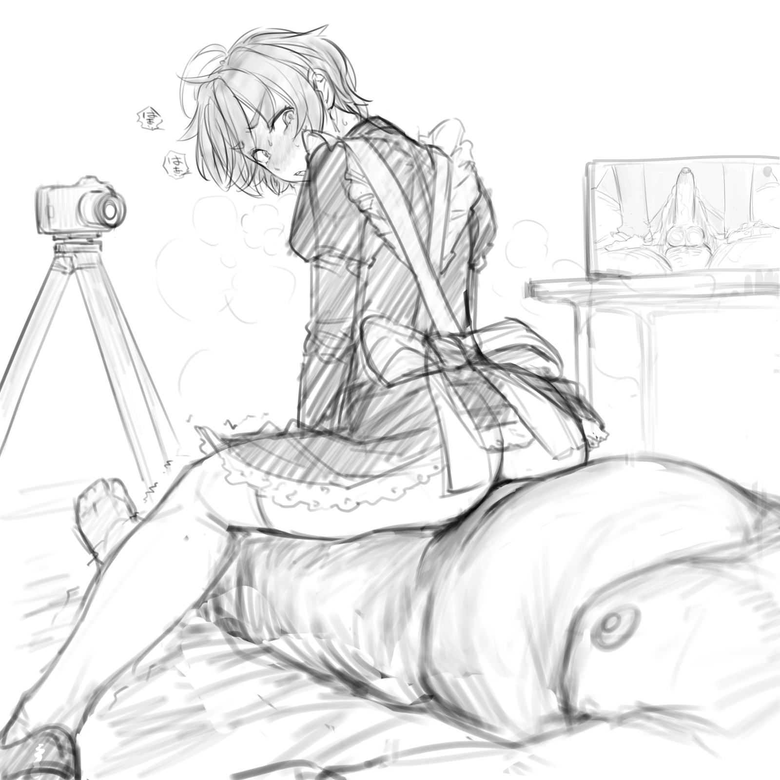 2boys, anal, anal sex, back view, camera, fat male, femboy, gay, gay anal, gay sex, heavy breathing, konery (reasonyou), maid, maid apron, maid headdress, maid outfit, maid uniform, male, male only, monochrome, multiple boys, multiple males, pice1234, recording, reverse cowgirl position, sketch, trap