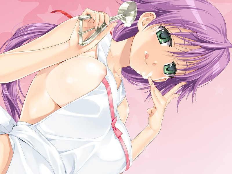 1girls female female_only game_cg green_eyes hadaka_apron happoubi_jin ice_cream ice_cream_scoop kanojo_x_kanojo_x_kanojo oppai orifushi_natsumi purple_hair solo