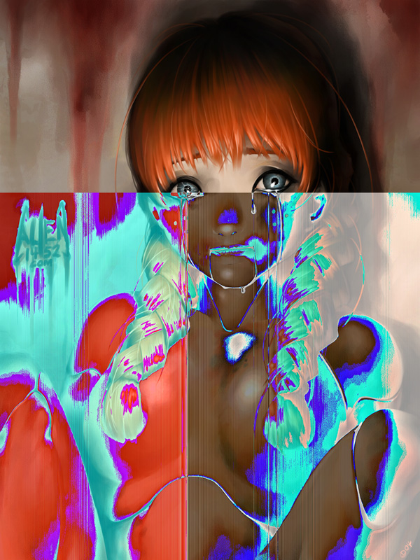 1girls alien1452 blue_eyes braids covering_nipples crying female female_only red_hair tagme tears