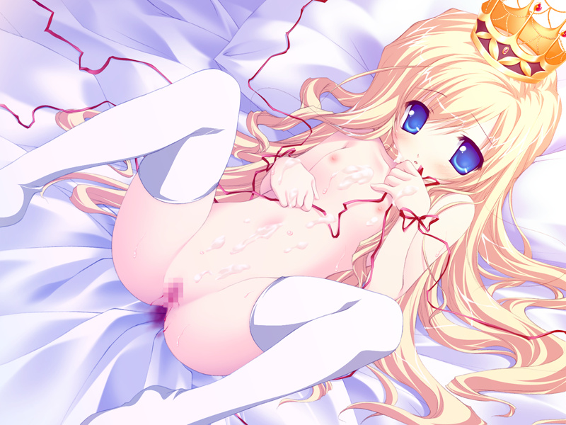 1girls after_sex arietta_(lyrical_lyric) blonde_hair blue_eyes censored chikotam crown cum cum_on_body game_cg highres long_hair lyrical_lyric mosaic_censoring nipples nude pussy ribbon solo thighhighs