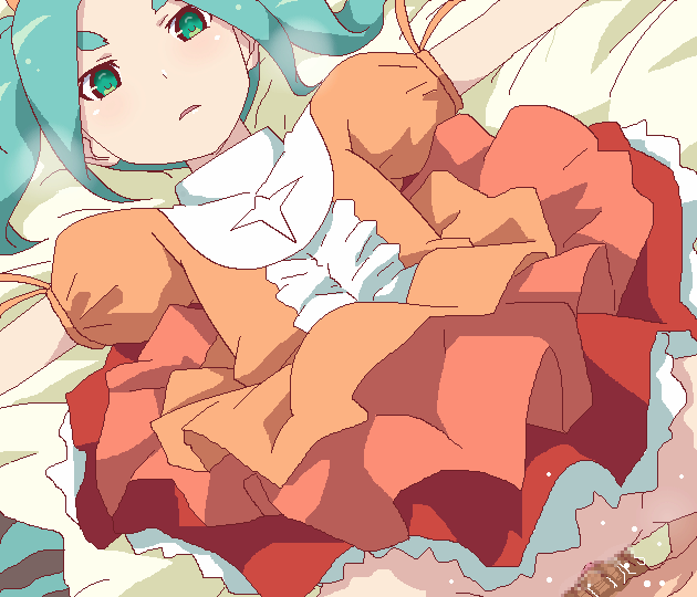 blush clothed_sex dress female monogatari_(series) oekaki ononoki_yotsugi sex tagme teal_eyes teal_hair tomubobu