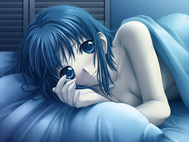 1girls bed blue_eyes blue_hair blush breasts cleavage eien_no_aselia eternity_sword_series game_cg looking_at_viewer lying masaharu medium_breasts nagamine_nozomi nude on_bed on_side pillow pov_across_bed seinarukana smile solo