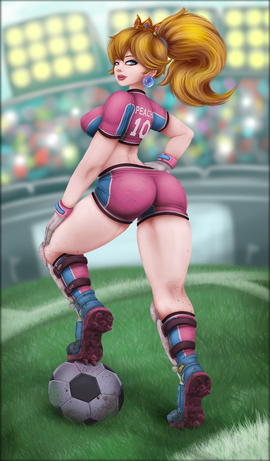 1girls ass blonde_hair blue_eyes breasts cleavage clothing crown dirt earrings female female_only football football_(ball) football_player football_uniform fully_clothed gloves impracticalart lipstick looking_at_viewer looking_back mario_(series) mario_strikers nintendo pink_shorts ponytail princess_peach shoes short_shirt short_shorts shorts soccer_ball soccer_field soccer_shoes soccer_uniform socks solo thick thighs wide_hips