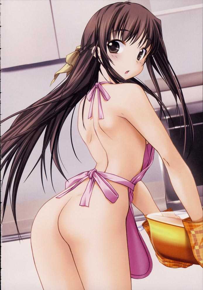 1girls apron ass brown_eyes brown_hair cooking food hadaka_apron hizuki_ayumi kawagishi_keitarou long_hair looking_back naked_apron no_bra no_panties non-web_source ribbon ringetsu scan shin_ringetsu solo