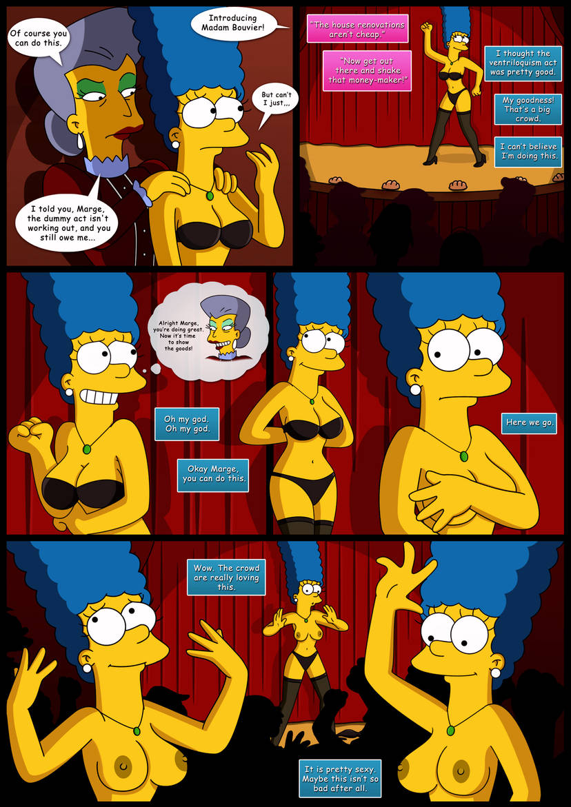 belly belly_button big_breasts blue_hair bottomwear bra breasts comic dancing earrings female gray_hair high_heels legwear lingerie madame_belle marge_simpson milf necklace nipples panties stage stripper text the_simpsons thick_thighs wvs yellow_body yellow_skin