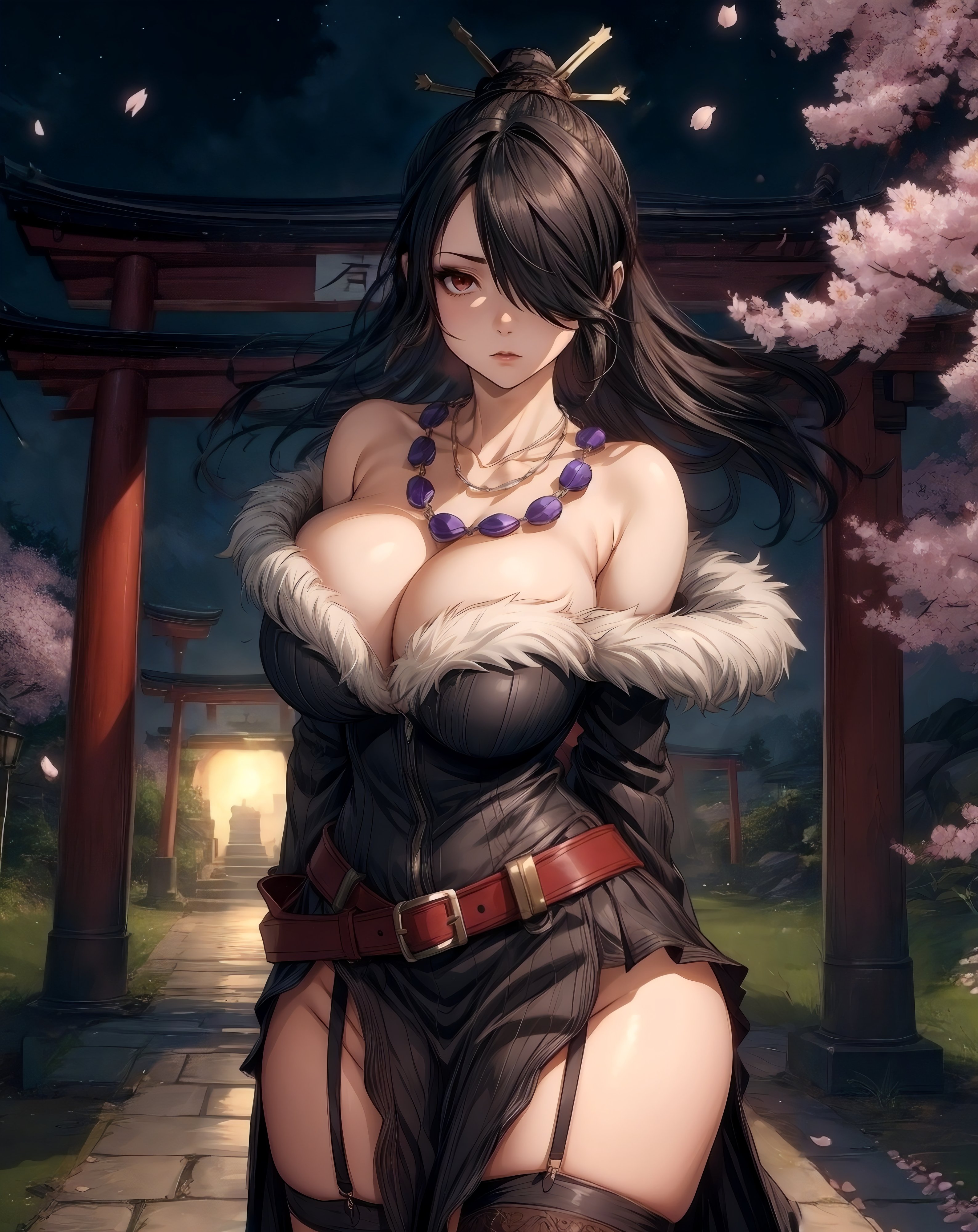 ai generated, big boobs, big breasts, black hair, breasts, buckle, cherry blossoms, cleavage, dark hair, eyebrows, female, female focus, final fantasy, final fantasy x, fur, fur trim, goth, goth girl, hair bun, hair over one eye, leather, light skin, light-skinned female, lips, lulu (final fantasy), neck, necklace, night, open clothes, revealing clothes, sfw, tagme, teeth, thick thighs, white fur