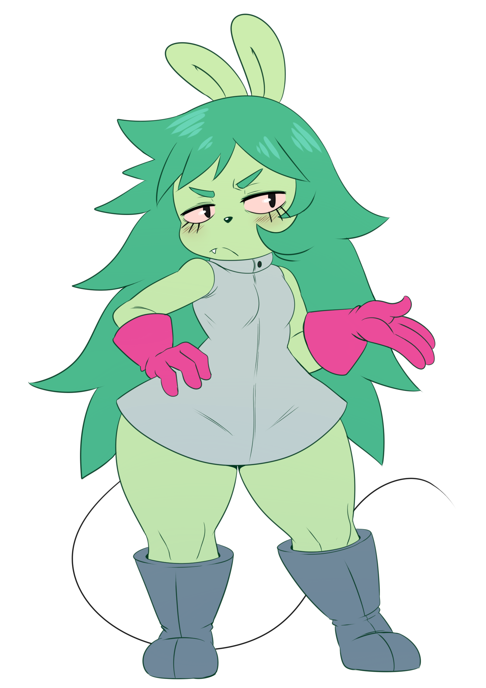 absurd res, angry face, anthro, blush, boots, breasts, cartoon network, clothed, clothing, cute, eyelashes, fangs, female, fink (ok k.o.! let's be heroes), footwear, frown, fur, gloves, green eyes, green fur, green hair, hair, hi res, labcoat, mammal, mouse, ok k.o.! let's be heroes, pink sclera, sleeveless, solo, sssonic2, thick thighs, voluptuous, white background, wide hips