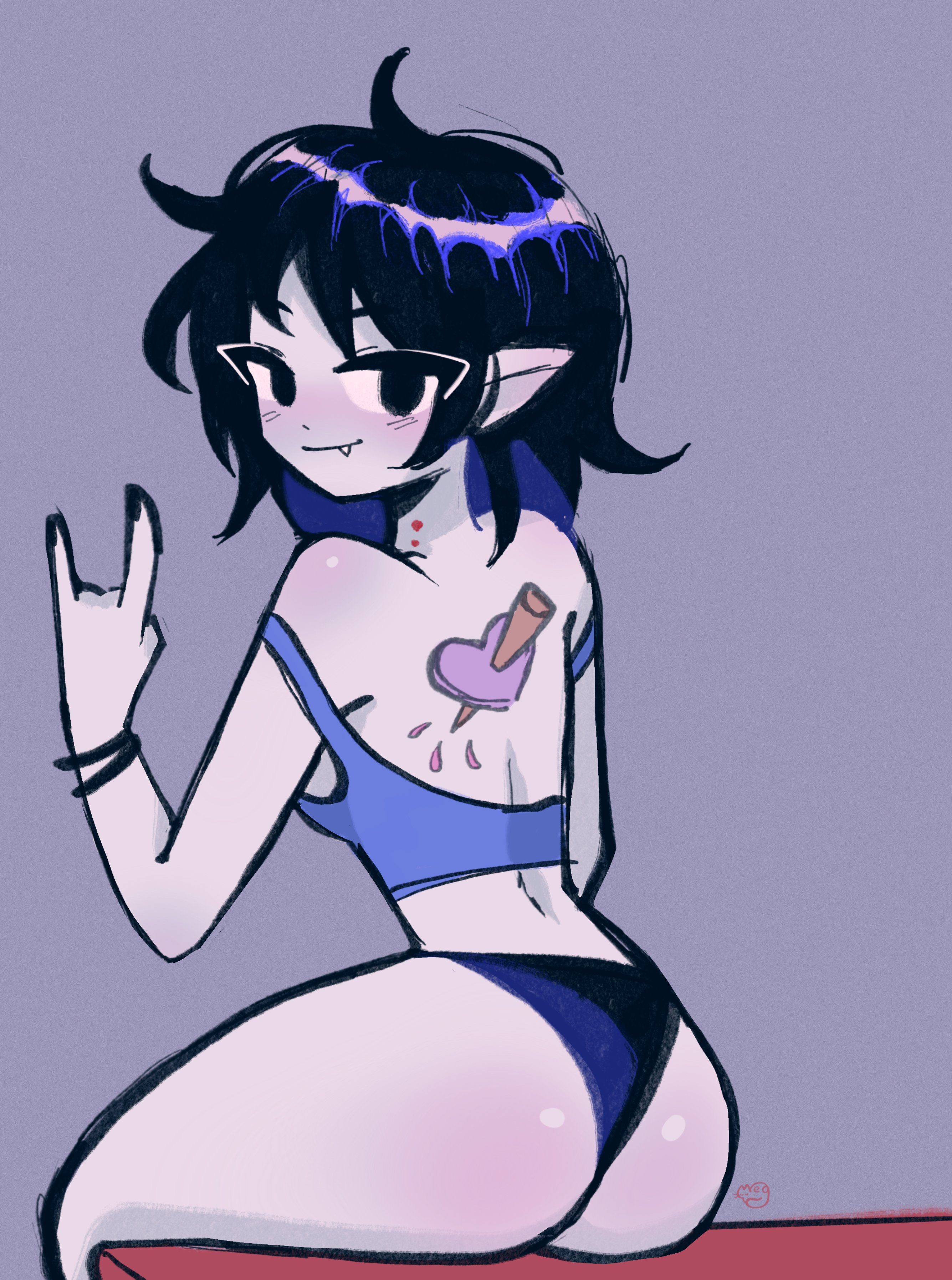1girls, adventure time, ass, bare shoulders, bite mark, black hair, blush, blushing, blushing at viewer, cartoon network, crop top, dark hair, fang, fangs, female, goth, goth girl, hand gesture, hand sign, heart tattoo, light skin, light-skinned female, looking at viewer, looking back, marceline, megrocks, pale skin, pale-skinned female, pointy ears, pointy teeth, short hair, smile, smiling, smiling at viewer, smirk, smirking, smirking at viewer, solo, solo female, solo focus, tattoo, tattoo on back, thin waist, vampire, vampire girl